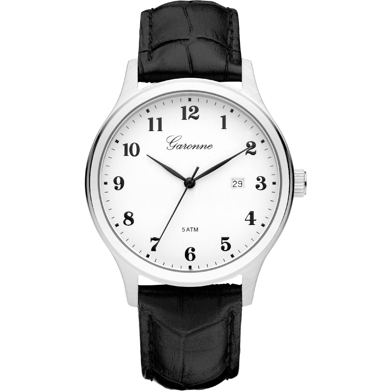 Dit herenhorloge is van het merk Garonne. Het is een analoog horloge met een band gemaakt van leer. De diameter van de kast is 40.5 mm.
De verdere specificaties van het horloge zijn als volgt:
Glassoort: mineraal
Bandbreedte (mm): 20
Kastmateriaal: edelstaal
Waterdichtheid: 5 ATM
Techniek: quartz
Kastkleur: zilver
Kastvorm: rond
Wijzerplaatkleur: wit
Index: cijfers
Bandkleur: zwart
Sluiting: gesp