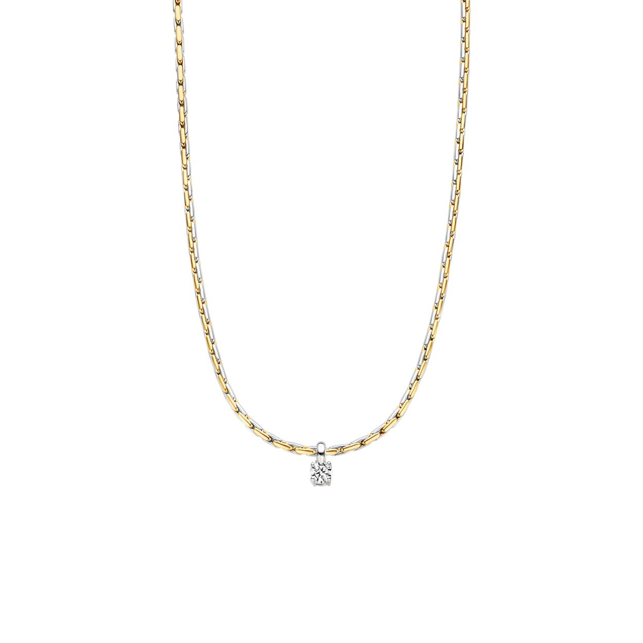 Dit elegante collier heeft fantasieschakels in 14k wit- en geelgoud en een sprankelende hanger met zirkonia. Het heeft een lengte van 42 cm en de hanger een doorsnede van 2,4 mm. Heel mooi op zichzelf maar ook goed te combineren met andere sieraden uit onze collectie.