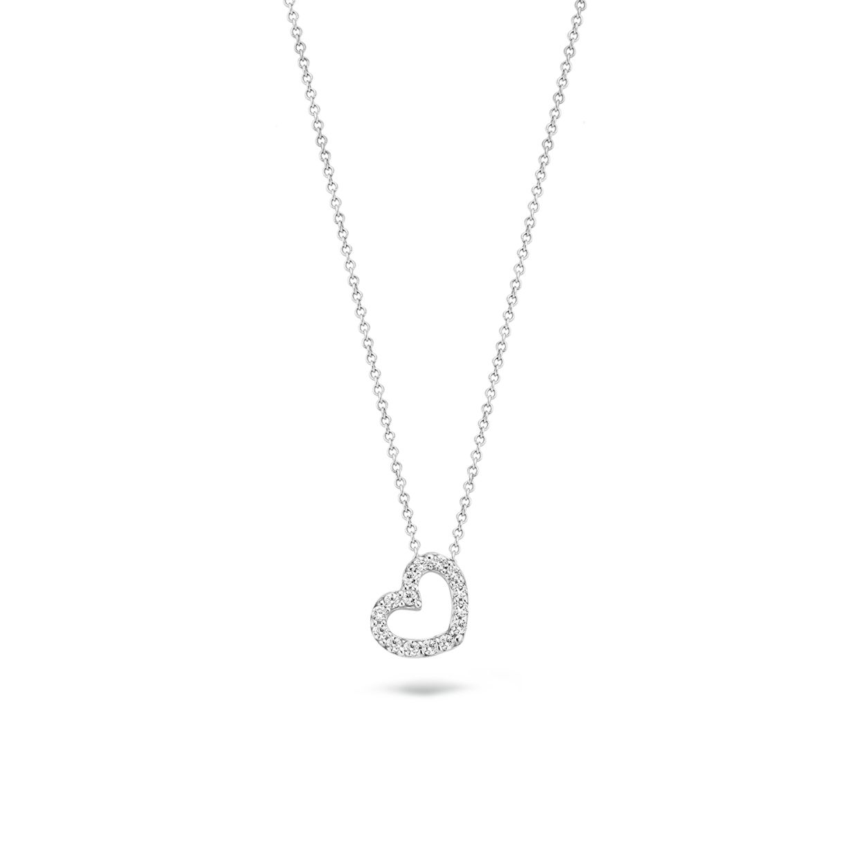 Dit sprankelende collier van 14k witgoud heeft een hartvormige hanger met 15 zirkonia’s. Door de bevestiging ligt de hanger met een grootte van 0,8 mm bij 0,6 mm altijd plat op de hals. De lengte van het collier is 42 cm. Mooi om alleen te dragen maar ook goed te combineren met andere sieraden uit onze collectie.