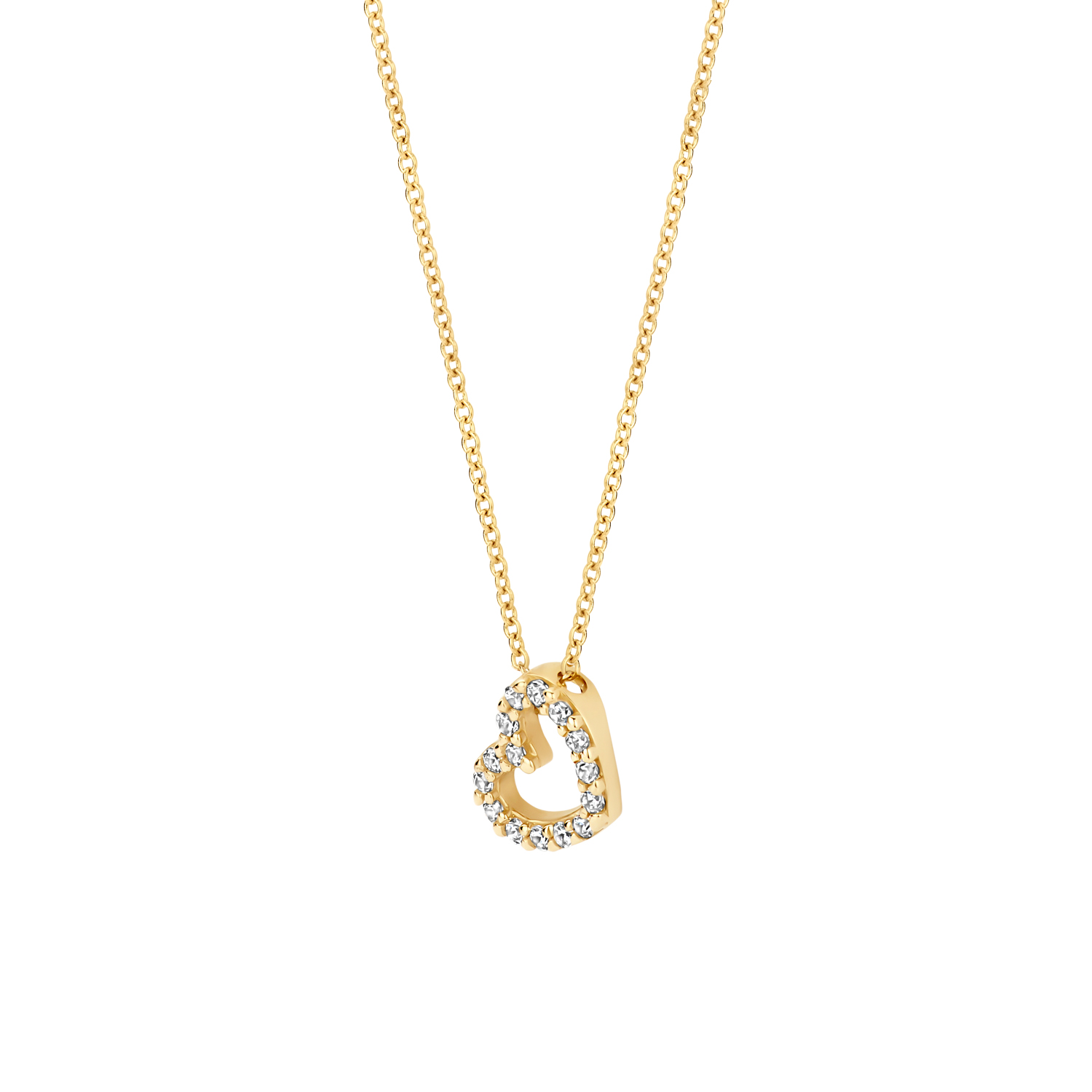 Geelgoud, witgoud en een hart van Zirkonia…Perfecte ingrediënten voor dit stijlvolle gouden collier. De geelgouden open schakels verdwijnen in het witgouden hart waarin 15 Zirkonia’s zijn verwerkt. Dit bicolor collier is geschikt voor elke gelegenheid. De ketting is 42 cm lang en sluit met een geelgouden karabijnslotje.