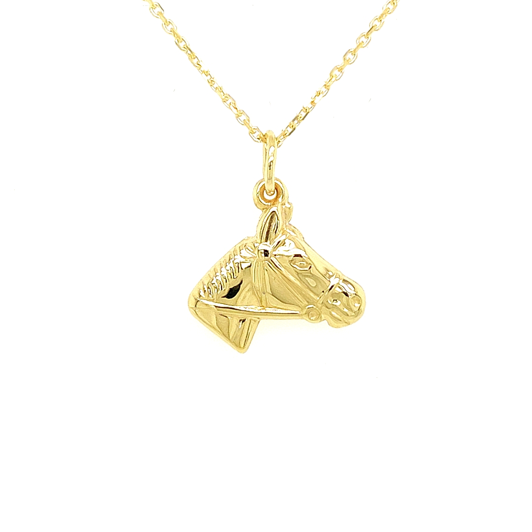 Deze geel gouden hanger is erg gedetailleerd bewerkt. De hanger is perfect voor iemand die houdt van paarden. Deze hanger is geschikt om zowel aan een ketting als aan een armband te hangen.

Note: het kettinkje hoort niet bij de hanger, deze is enkel gebruikt voor de foto.