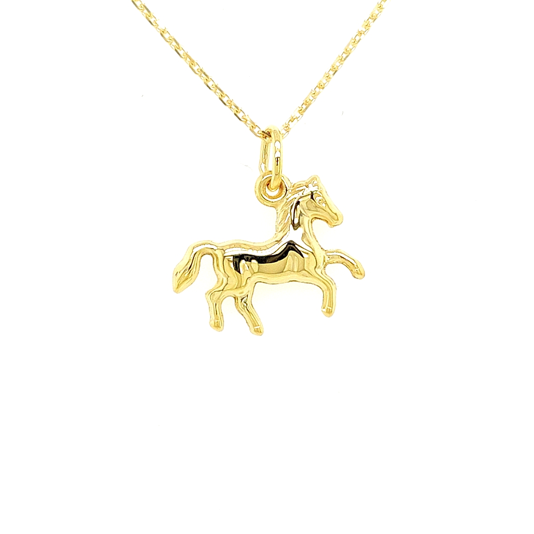 Deze geel gouden hanger is aan beide kanten fijn bewerkt. De hanger is perfect voor iemand die houdt van paarden. Deze hanger is geschikt om zowel aan een ketting als aan een armband te hangen.

Note: het kettinkje hoort niet bij de hanger, deze is enkel gebruikt voor de foto.