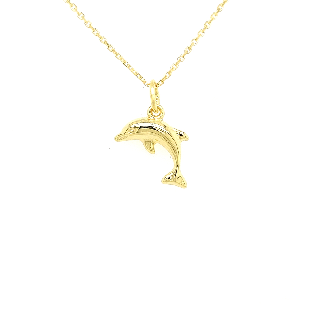 Deze geel gouden hanger is aan beide kanten fijn bewerkt. De hanger is perfect voor iemand die houdt van dolfijnen. Deze hanger is geschikt om zowel aan een ketting als aan een armband te hangen.

Note: het kettinkje hoort niet bij de hanger, deze is enkel gebruikt voor de foto.