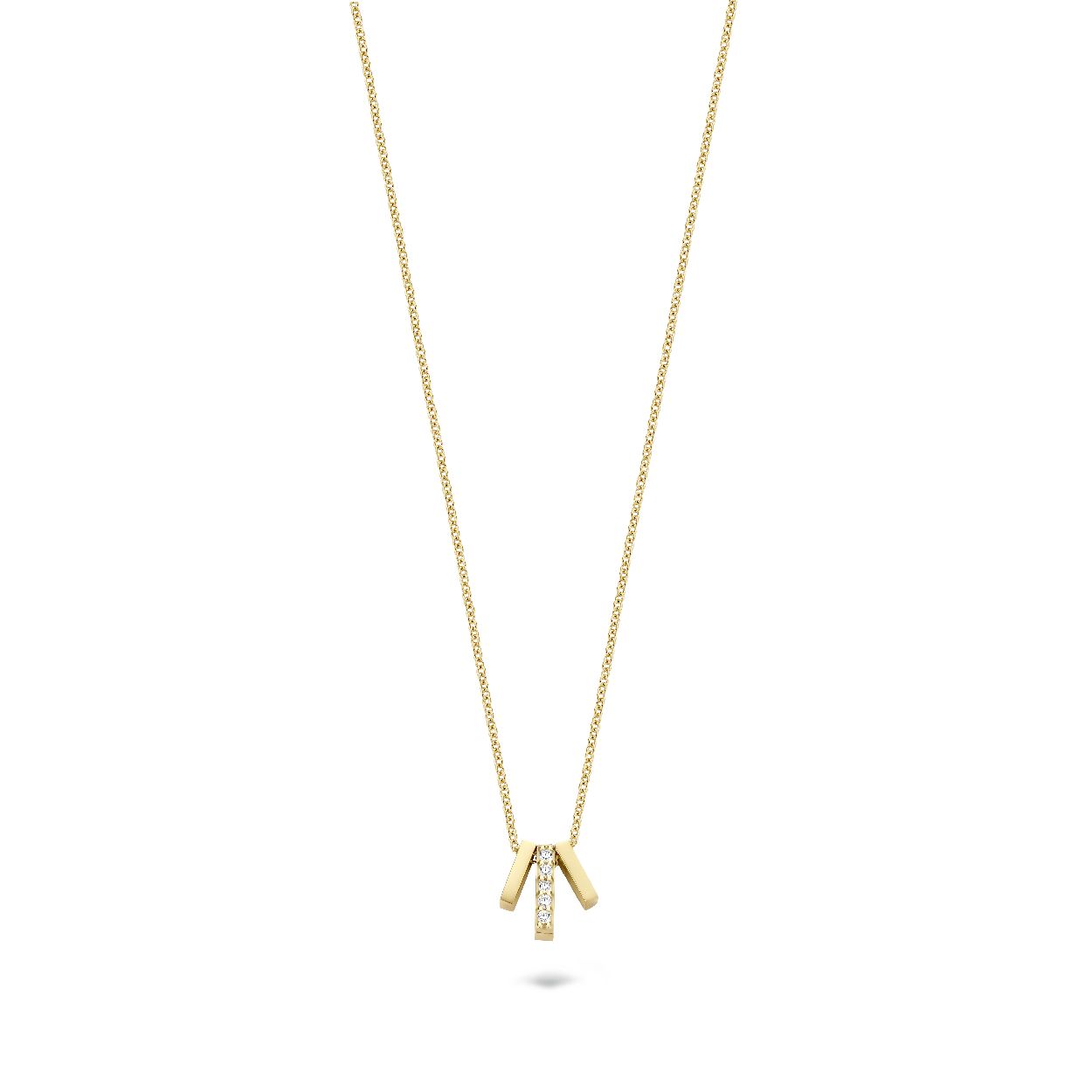 Dit bijzondere collier van 14k geelgoud bestaat uit een schakelketting en een modern vormgegeven hanger bezet met briljant geslepen zirkonia. Schitterend op zichzelf of in combinatie met andere sieraden uit onze collectie.