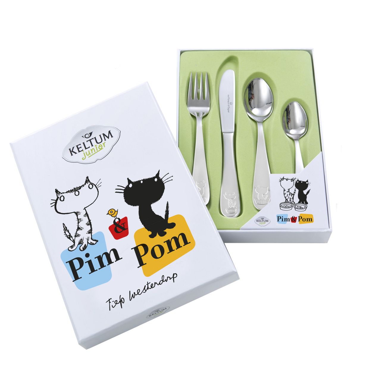 Geboortecadeau - Stalen bestek - 4 delig - Pim & Pom - Fiep Westendorp