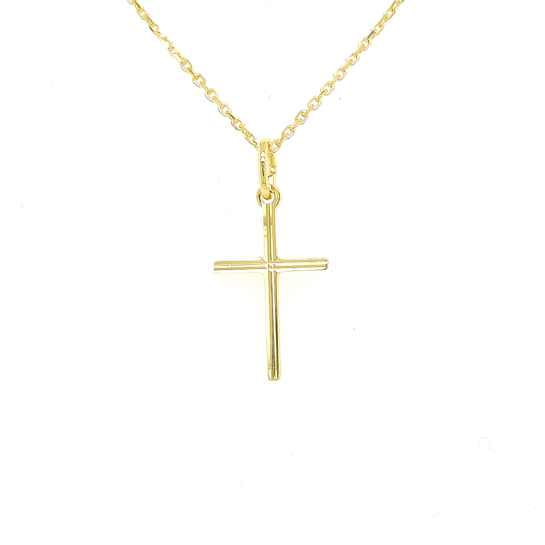 Deze geel gouden kruishanger is volledig glad gepolijst en heeft een lichte bewerking gekregen, dit geeft de hanger een fijne en gedetailleerde uitstraling.

Note: het kettinkje hoort niet bij de hanger, deze is enkel gebruikt voor de foto.