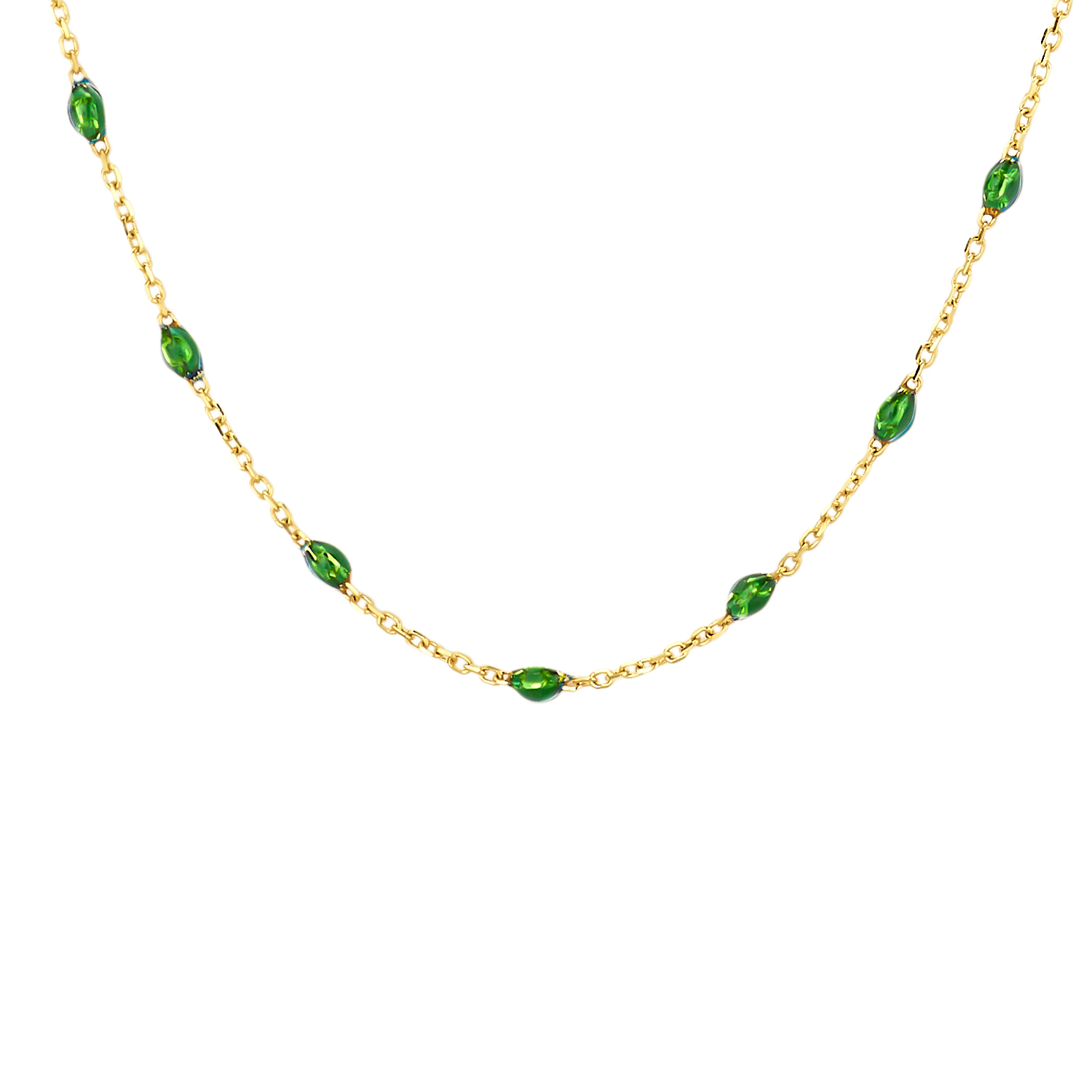 Heldergroene resin stenen maken dit 14k geelgouden collier met veerringsluiting tot een echte eyecatcher. Heel mooi op zichzelf of in combinatie met andere sieraden met resin uit onze collectie, bijvoorbeeld armband 2226YRG.

Type goud: 14k Geel goud
Sluiting: Veerringsluiting
Type steen: Resin
Steen grootte: 2.75 mm, 1.5 mm
Steenkleur: Groen
Diameter: ⌀ 0.7 mm
Lengte collier: 42 cm