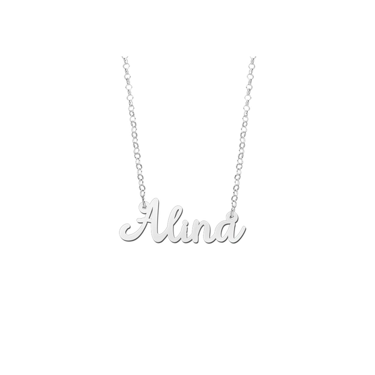 Er is niets leuker dan een gepersonaliseerde naamketting! Dit is onze naamketting: model Alina. Het collier is gemaakt van het eerste gehalte zilver, maar is ook leverbaar in goud. De naamhanger wordt standaard geleverd aan een massief zilveren jasseron collier van 42 cm lang. 

Kies welke naam jij wilt voor dit persoonlijke sieraad (tot een maximum van twaalf tekens). In dit model is een naam van vijf letters ca. 16 mm hoog en 34 mm breed. De maat is slechts ter indicatie. De naam is in te vullen bij 'opmerkingen' in het betaaloverzicht.