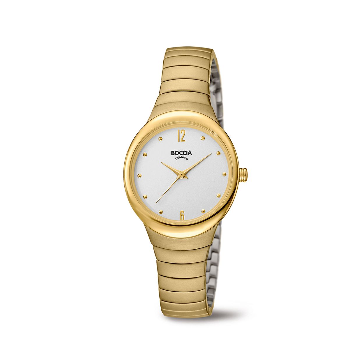 Boccia Titanium 3307-02
Dit Boccia Titanium dameshorloge heeft een goudkleurige titanium kast. Het horloge heeft een afmeting van 27 x 32 mm en mineraalglas. De band van het horloge is van goudkleurig titanium en kan op maat worden gemaakt door er schakels uit te halen met een horlogeband inkortset. Of je nu sportief of chique gekleed gaat, dit horloge past bij elke outfit en iedere gelegenheid. 

HET MERK
Boccia Titanium: de specialist in het edelmetaal titanium � horloges en sieraden van puur (99,7%) titanium. Titanium heeft een hoog draagcomfort: het is licht in gewicht, huidvriendelijk en neemt de temperatuur van de huid snel aan. 

SPECIFICATIES
- Mineraalglas
- Ovale goudkleurige titanium horlogekast, 27 x 32 mm
- Goudkleurige titanium horlogeband
- Zilverkleurige wijzerplaat
- 3 ATM

INKORTEN BAND
De band van het horloge kan op maat worden gemaakt door er schakels uit te halen met een horlogeband inkortset.

