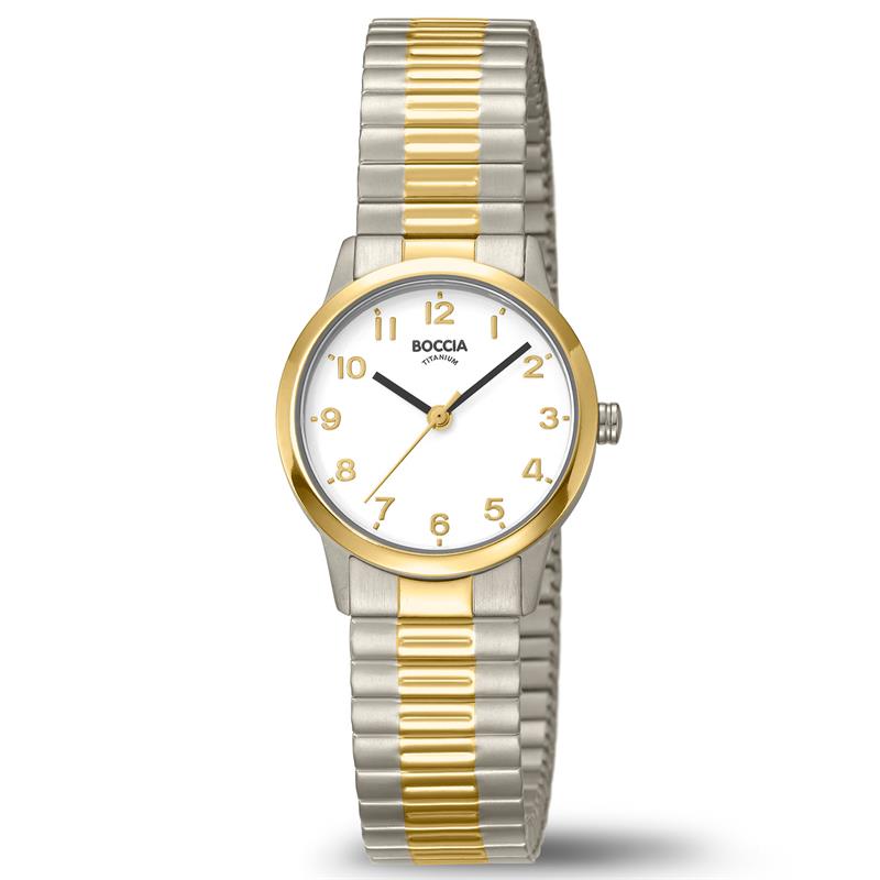 Boccia Titanium 3318-03
Dit dameshorloge van Boccia Titanium heeft een nette uitstraling. De bi-color titanium horlogekast zorgt voor een stijlvolle look en de witte wijzerplaat maakt het horloge klassiek. Het horloge heeft een ronde kast met een diameter van 26mm, een mineraalglas, en is 5ATM. Combineer dit prachtige exemplaar met de andere sieraden van Boccia Titanium voor een complete look. Aan de titanium kast zit een bi-color schakel band. 

HET MERK
Boccia Titanium is het titanium merk van Nederland, dat zijn oorsprong in Duitsland vindt en is opgericht in het jaar 1992. Ontwikkeld door internationale ontwerpers. Alle titanium componenten van de BOCCIA TITANIUM collectie zijn gemaakt van 99,7% puur titanium; het bijzondere materiaal. Het is licht in gewicht, neemt de temperatuur van de huid aan en is zeer huidvriendelijk. Bovendien is het corrosie- en temperatuurbestendig.

SPECIFICATIES
- Mineraalglas
- Ronde titanium horlogekast, Ø 26mm
- Bi-color titanium band
- Witte wijzerplaat
- 5ATM (Regen- & spatwaterdicht)