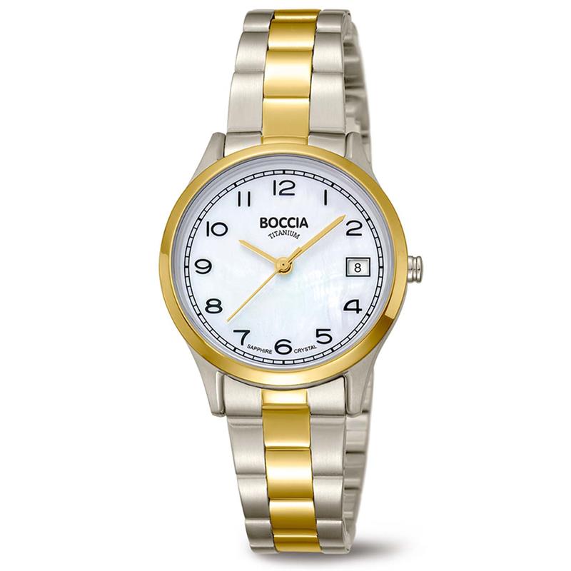 Dit is een horloge van het merk Boccia Titanium. Met een horlogekast gemaakt van titanium en een goudkleurige band van titanium.