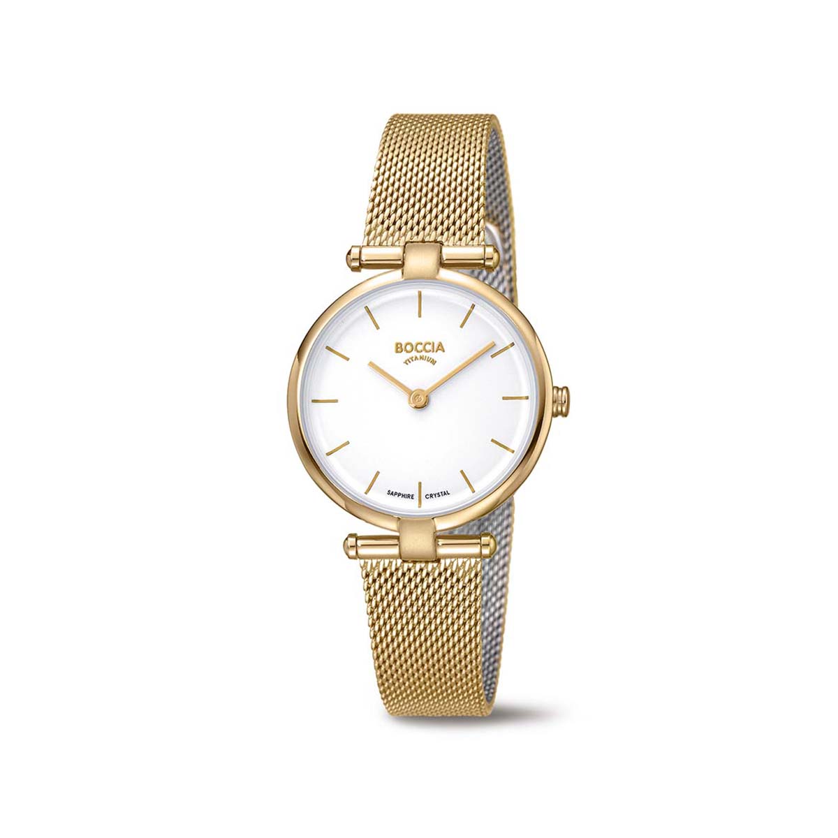 Boccia horloge 
Titanium horloge met goudkleurige meshband.
Het horloge heeft een witte wijzerplaat.
 5 ATM waterdicht