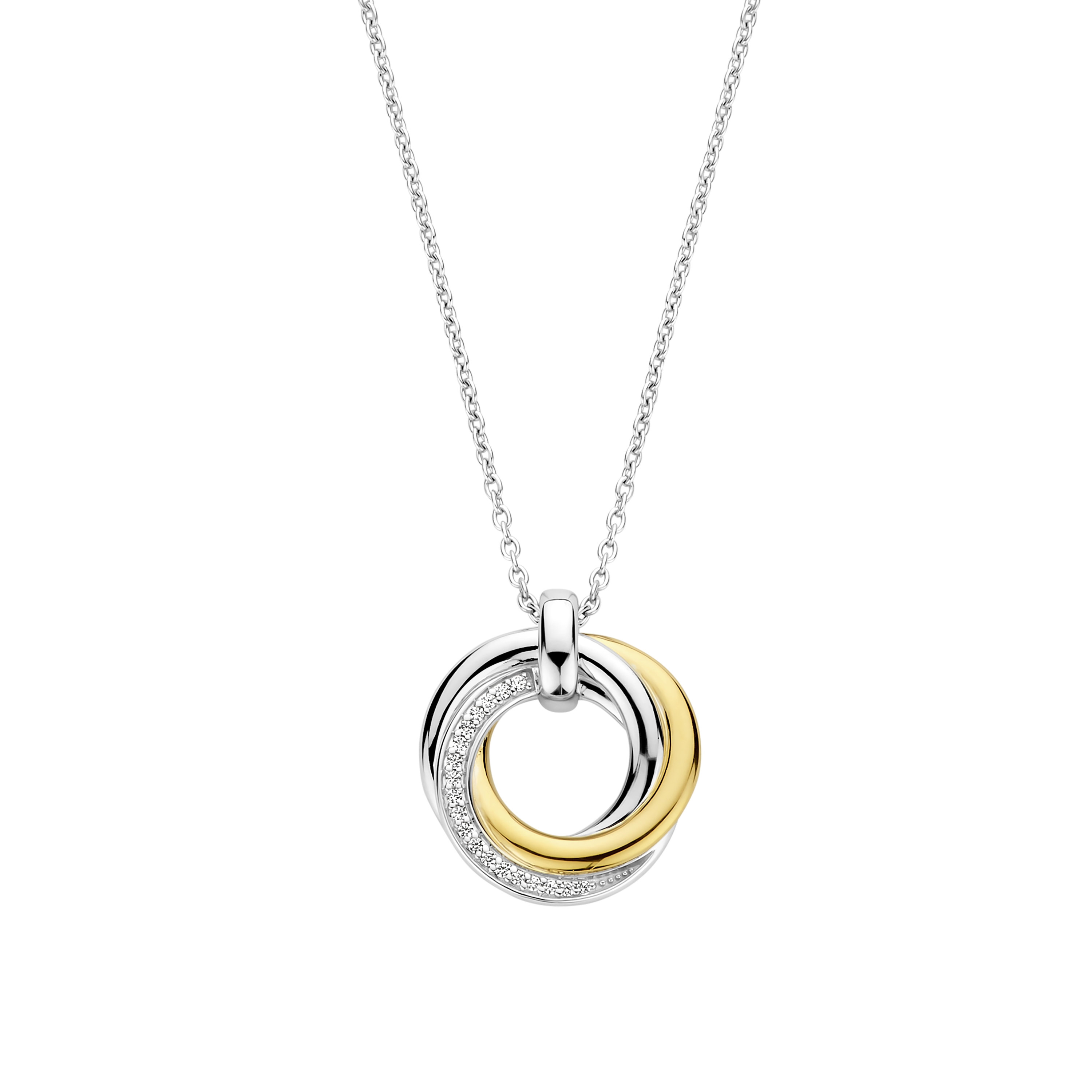 zilveren Ti Sento collier, 3 rondjes bicolor+ zirconias