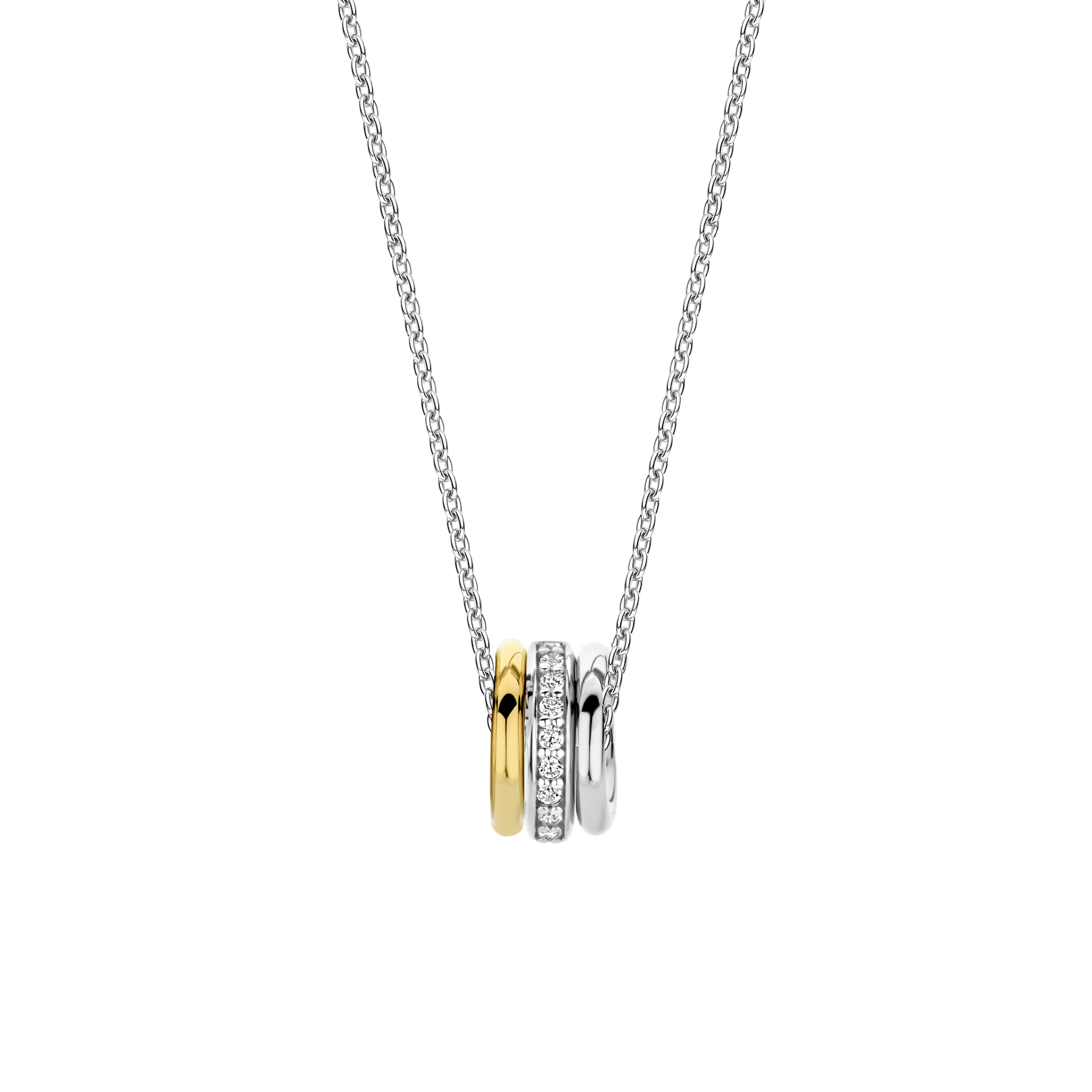 Geniet van het fascinerende samenspel van texturen met deze TI SENTO zilveren ketting 34058ZI/42. Gemaakt van 925 sterling zilver en verzilverd voor een blijvende glans, bevat deze ketting een opvallend ontwerp met drie elegante zilveren ringen. Eén van de ringen heeft een bubbelachtige structuur, wat een speels element toevoegt aan het ontwerp. Een andere ring heeft een verfijnd vervlochten ontwerp, wat de kunstzinnigheid van het stuk benadrukt. De centrale ring is versierd met een pavé van schitterende witte zirkonia, wat een opvallend en visueel aantrekkelijk contrast biedt. Deze ketting is een eerbetoon aan modern sieradenontwerp en biedt een gedurfd maar verfijnd statement. Til je look naar een hoger niveau met dit uitzonderlijke minimalistische stuk. Draag het solo voor een minimalistisch statement of gelaagd met andere TI SENTO kettingen voor een persoonlijke touch die zelfvertrouwen en allure uitstraalt. Zorgvuldig gemaakt voor de gevoelige huid, is deze nikkelvrije en hypoallergene ketting ontworpen voor langdurig comfort en kwaliteit.

Het collier heeft een standaardlengte van 38 cm en heeft een verlengstuk van 10 cm. Hierdoor kan je het collier op 5 verschillende lengtematen dragen, op 38 cm, 40 cm, 42 cm, 45 cm en 48 cm.

