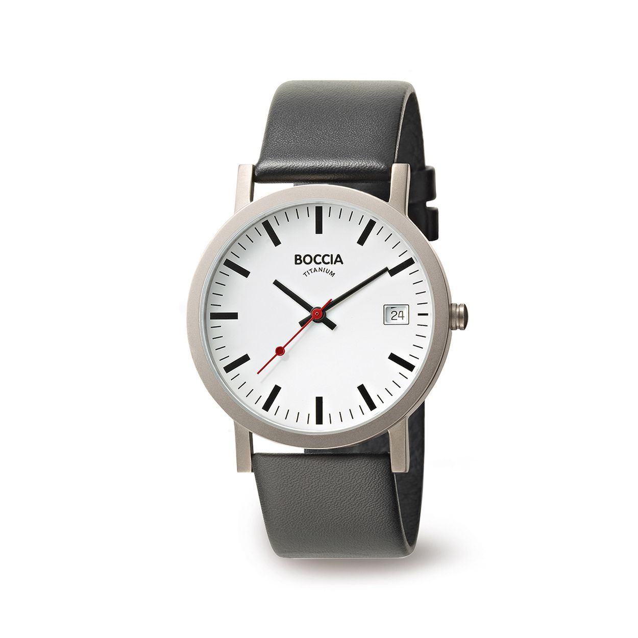 Boccia Titanium 3622-01
Dit herenhorloge van Boccia Titanium heeft een nette uitstraling. De zilverkleurige titanium horlogekast zorgt voor een stijlvolle look en de witte wijzerplaat maakt het horloge klassiek. Het horloge heeft een ronde kast met een diameter van 38mm, een datum, een mineraalglas, en is 5ATM. Combineer dit prachtige exemplaar met de andere sieraden van Boccia Titanium voor een complete look. Aan de titanium kast zit een zwarte leren band. 

HET MERK
Boccia Titanium is het titanium merk van Nederland, dat zijn oorsprong in Duitsland vindt en is opgericht in het jaar 1992. Ontwikkeld door internationale ontwerpers. Alle titanium componenten van de BOCCIA TITANIUM collectie zijn gemaakt van 99,7% puur titanium; het bijzondere materiaal. Het is licht in gewicht, neemt de temperatuur van de huid aan en is zeer huidvriendelijk. Bovendien is het corrosie- en temperatuurbestendig.

SPECIFICATIES
- Mineraalglas
- Ronde titanium horlogekast, Ø 38mm
- Zwarte leren band
- Witte wijzerplaat
- 5ATM (Regen- & spatwaterdicht)
