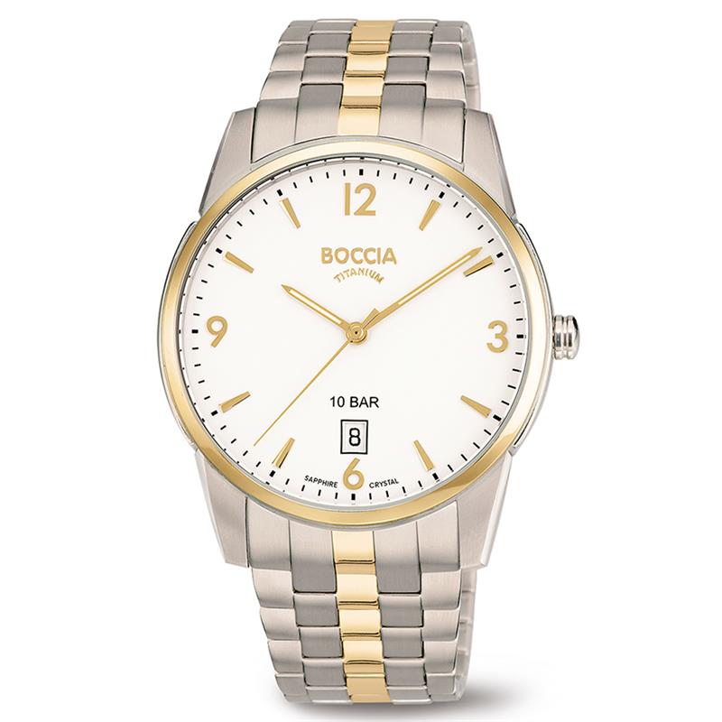 Dit herenhorloge van Boccia Titanium heeft een stoere uitstraling. De zilverkleurige titanium horlogekast met een goudkleurige bezel zorgt voor een stijlvolle look. Op de witte wijzerplaat zitten goudkleurige uurs-aanduidingen en een datum. Het horloge heeft een ronde kast met een diameter van 39mm, een saffierglas, en is 10ATM. Combineer dit prachtige exemplaar met de andere sieraden van Boccia Titanium voor een complete look. Aan de titanium kast zit een bi-color titanium schakel band.