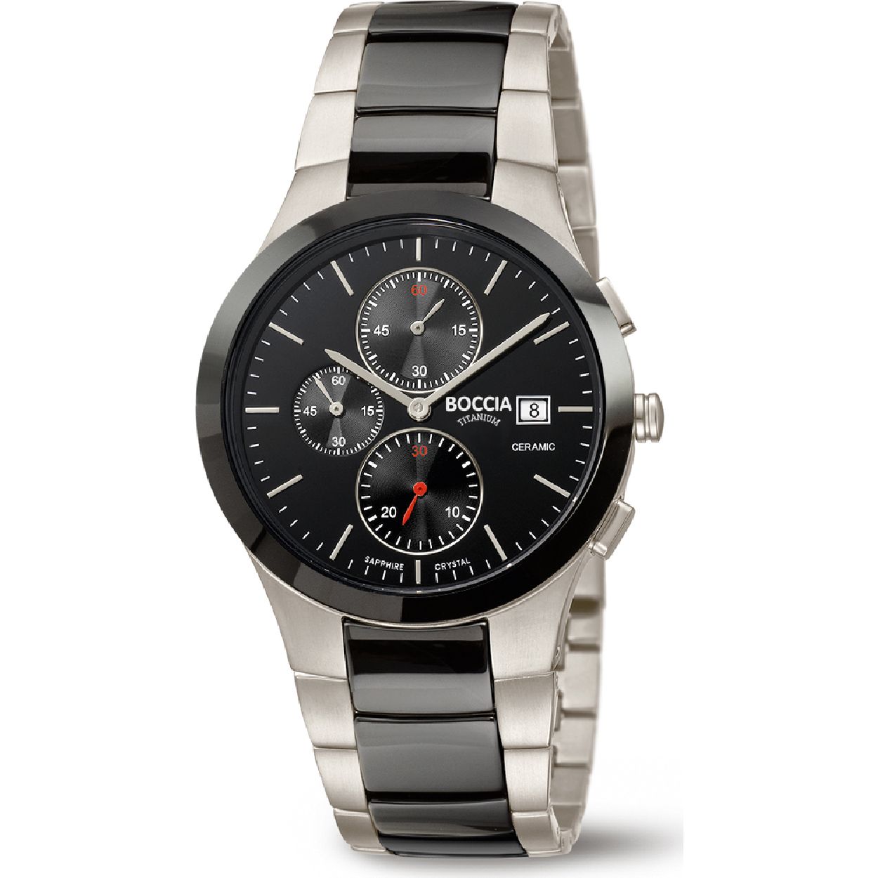 Boccia Titanium 3748-01 Chrono
Dit herenhorloge van Boccia Titanium heeft een chronograaf uurwerk. De zilverkleurige titanium horlogekast met zwarte bezel zorgt voor een stoere look en de zwarte wijzerplaat met zilverkleurige strepen en wijzers maakt het horloge uniek. Het horloge heeft een ronde kast met een diameter van 39mm, een datum, een chronograaf, een saffierglas, en is 5ATM. Combineer dit prachtige exemplaar met de andere sieraden van Boccia Titanium voor een complete look. Aan de titanium kast zit een titanium band met een zilverkleurige zwarte schakels. 

HET MERK
Boccia Titanium is het titanium merk van Nederland, dat zijn oorsprong in Duitsland vindt en is opgericht in het jaar 1992. Ontwikkeld door internationale ontwerpers. Alle titanium componenten van de BOCCIA TITANIUM collectie zijn gemaakt van 99,7% puur titanium; het bijzondere materiaal. Het is licht in gewicht, neemt de temperatuur van de huid aan en is zeer huidvriendelijk. Bovendien is het corrosie- en temperatuurbestendig.

SPECIFICATIES
- Chronograaf
- Saffierglas
- Ronde titanium horlogekast, Ø 39mm
- Titanium band
- Zwarte wijzerplaat
- 5ATM (Regen- & spatwaterdicht)