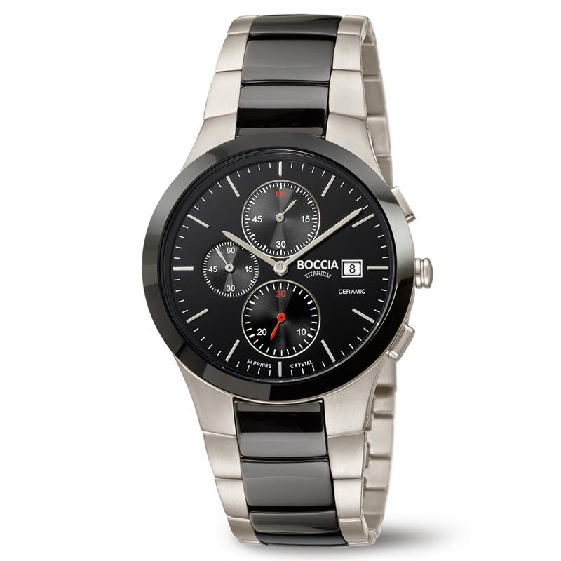 Boccia Titanium 3748-01 Chrono
Dit herenhorloge van Boccia Titanium heeft een chronograaf uurwerk. De zilverkleurige titanium horlogekast met zwarte bezel zorgt voor een stoere look en de zwarte wijzerplaat met zilverkleurige strepen en wijzers maakt het horloge uniek. Het horloge heeft een ronde kast met een diameter van 39mm, een datum, een chronograaf, een saffierglas, en is 5ATM. Combineer dit prachtige exemplaar met de andere sieraden van Boccia Titanium voor een complete look. Aan de titanium kast zit een titanium band met een zilverkleurige zwarte schakels. 

HET MERK
Boccia Titanium is het titanium merk van Nederland, dat zijn oorsprong in Duitsland vindt en is opgericht in het jaar 1992. Ontwikkeld door internationale ontwerpers. Alle titanium componenten van de BOCCIA TITANIUM collectie zijn gemaakt van 99,7% puur titanium; het bijzondere materiaal. Het is licht in gewicht, neemt de temperatuur van de huid aan en is zeer huidvriendelijk. Bovendien is het corrosie- en temperatuurbestendig.

SPECIFICATIES
- Chronograaf
- Saffierglas
- Ronde titanium horlogekast, Ø 39mm
- Titanium band
- Zwarte wijzerplaat
- 5ATM (Regen- & spatwaterdicht)