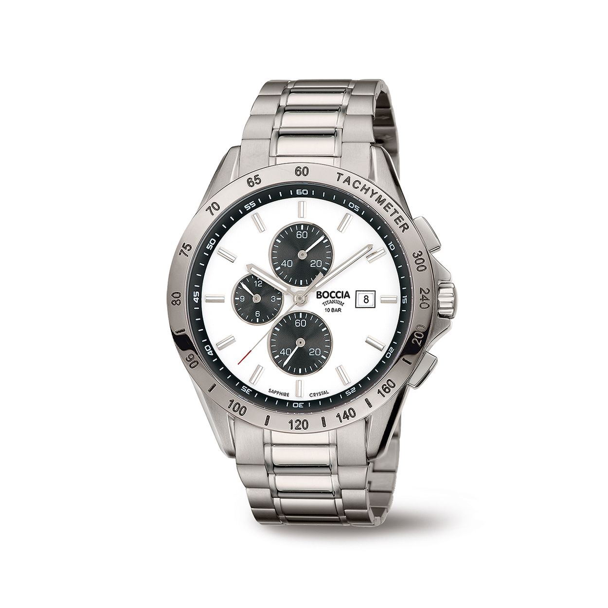 Boccia Titanium 3751-04
Deze Boccia Titanium heren chronograaf heeft een titanium kast. Het horloge heeft een kastdiameter van 42 mm en krastvast saffierglas. De band van het horloge is van titanium en kan op maat worden gemaakt door er schakels uit te halen met een horlogeband inkortset. Of je nu sportief of chique gekleed gaat, dit horloge past bij elke outfit en iedere gelegenheid. 

HET MERK
Boccia Titanium: de specialist in het edelmetaal titanium � horloges en sieraden van puur (99,7%) titanium. Titanium heeft een hoog draagcomfort: het is licht in gewicht, huidvriendelijk en neemt de temperatuur van de huid snel aan. 

SPECIFICATIES
- Chronograaf
- Datumaanduiding
- Krasvast saffierglas
- Ronde titanium horlogekast, � 42 mm
- Titanium horlogeband
- Zilverkleurige wijzerplaat
- 10 ATM

INKORTEN BAND
De band van het horloge kan op maat worden gemaakt door er schakels uit te halen met een horlogeband inkortset.