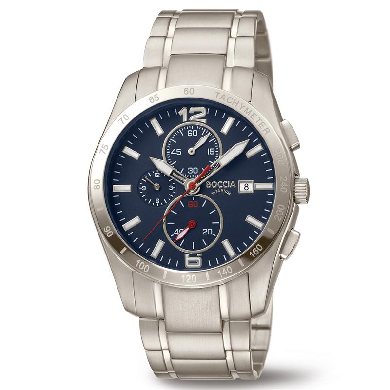 Dit herenhorloge van Boccia Titanium heeft een chronograaf uurwerk. De titanium horlogekast met een bezel met een tachymeter zorgt voor een sportievee look en de blauwe wijzerplaat met donkere chronograaf rondjes maakt het horloge uniek. Het horloge heeft een ronde kast met een diameter van 41mm, een datum, een chronograaf, een mineraalglas, en is 10ATM. Combineer dit prachtige exemplaar met de andere sieraden van Boccia Titanium voor een complete look. Aan de titanium kast zit een titanium band. 