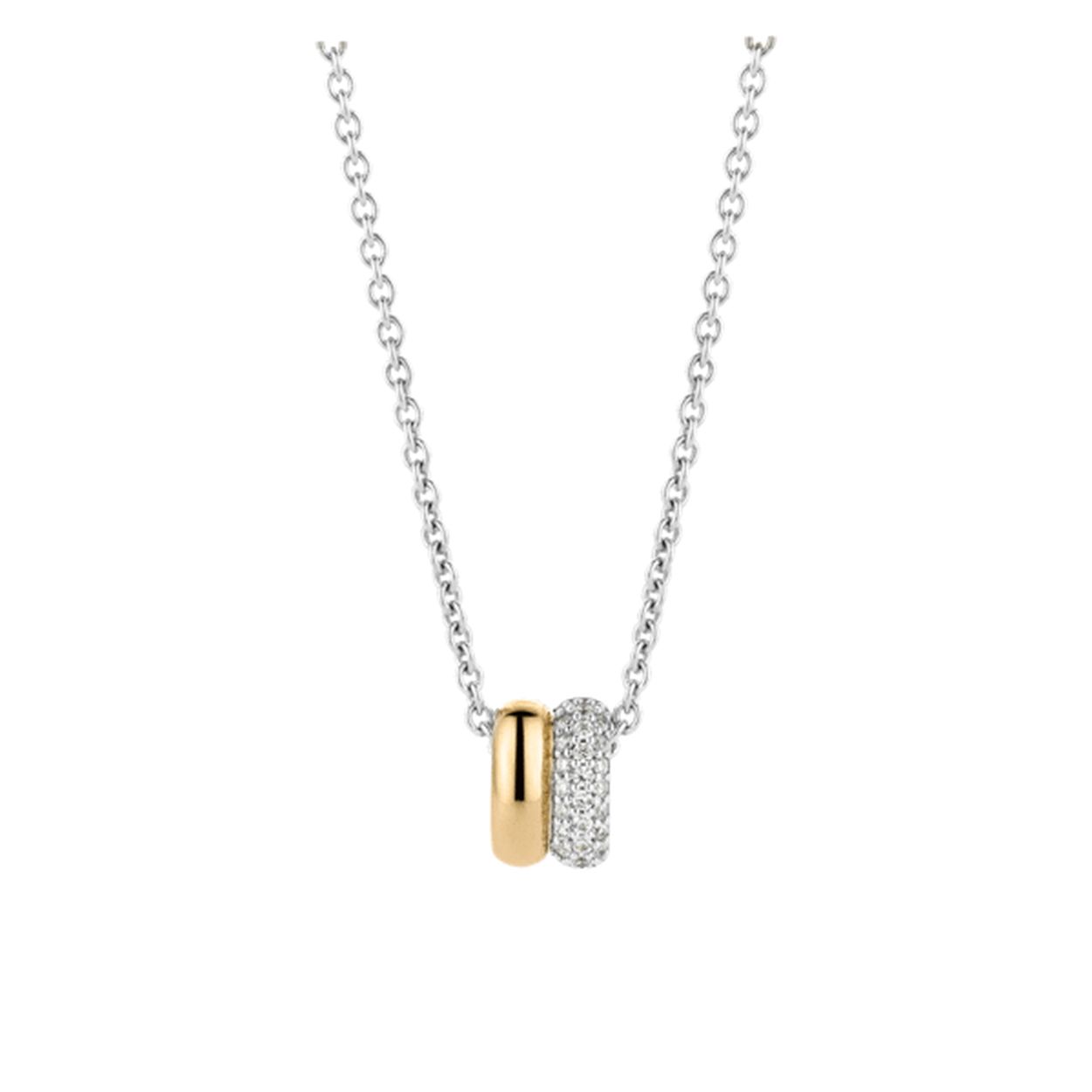 Deze ketting van TI SENTO - Milano is van gerhodineerd sterling zilver gemaakt. De hanger is een combinatie van een band van sterling zilver dat verguld is met 18k geelgoud en een band die gezet is met briljant geslepen zirkonia's. De hanger heeft een chique uitstraling en is door het gebruik van geelgoud en zilver goed te combineren met andere sieraden. De ketting is daardoor voor verschillende gelegenheden te dragen.