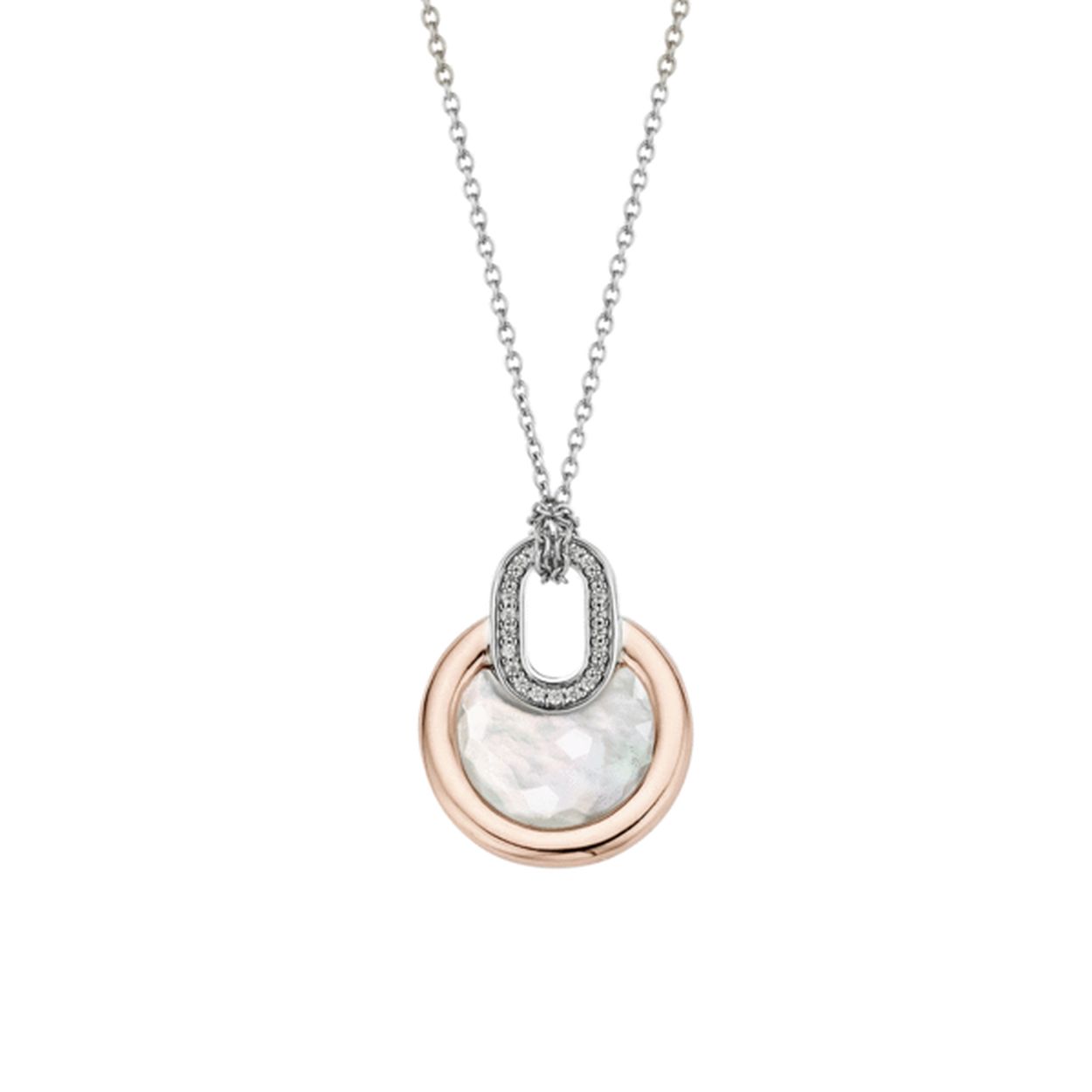 TI SENTO - Milano ketting met hanger. Deze ketting en hanger zijn gemaakt van gerhodineerd sterling zilver. De hanger heeft gedeeltelijk nog een 18k ros�gouden plating en is gezet met een Mother of Pearl. Deze kleurencombinatie is elegant en een goede toevoeging aan jouw sieradencollectie!