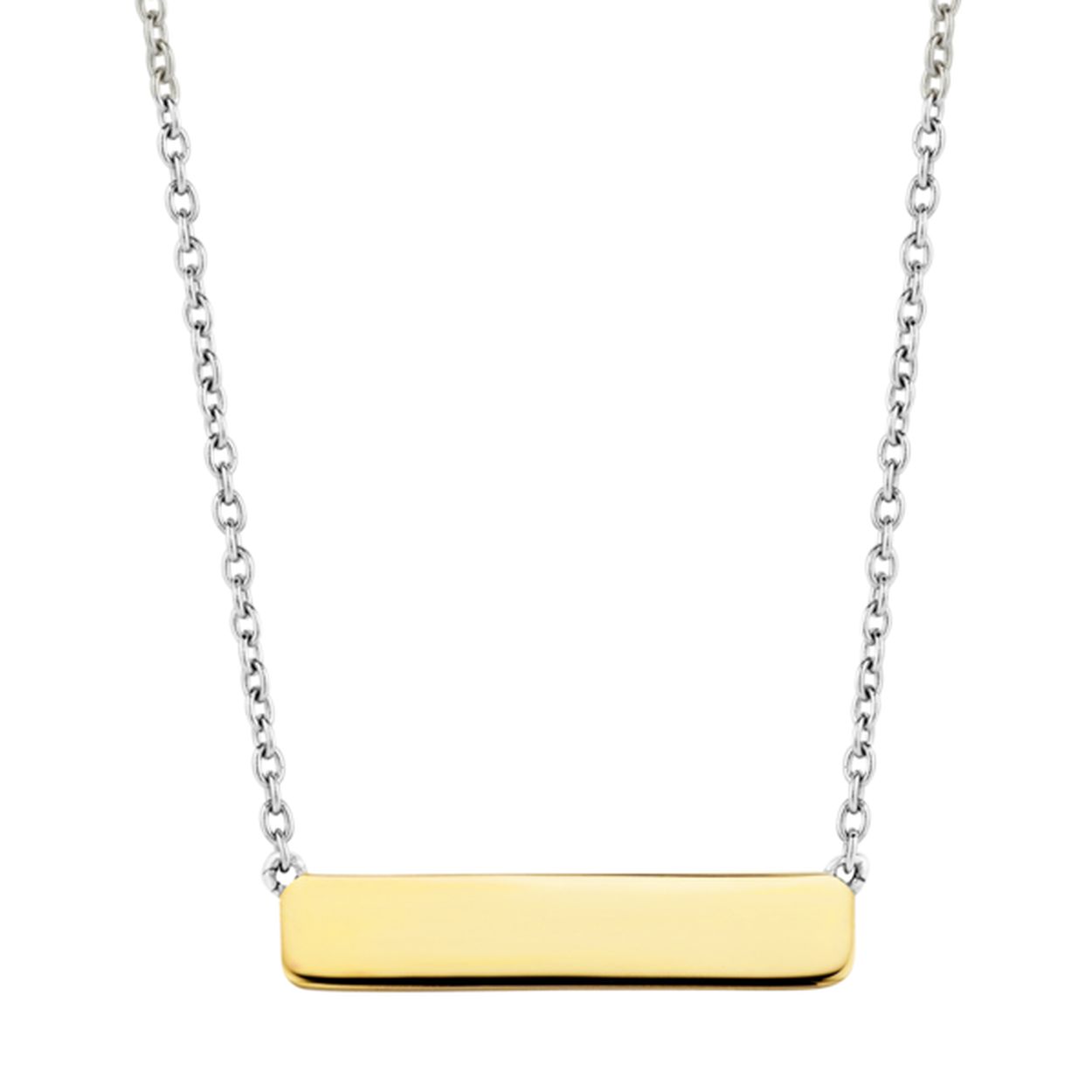 Deze elegante TI SENTO - Milano ketting is gemaakt van gerhodineerd sterling zilver en voorzien van een rechthoekige hanger. Daarnaast is de hanger voorzien van een 18kt geelgouden plating. Deze hanger kan worden gepersonaliseerd met eigen gravering. Het geheel is gemaakt van het hoogste gehalte sterling zilver en voorzien van een rhodiumlaag. Dit zorgt voor een langere levensduur en extra glans van het sieraad. De ketting kan perfect gecombineerd worden met andere sieraden uit de collectie. Combineer verschillende sieraden en cre�er zo jouw eigen look!