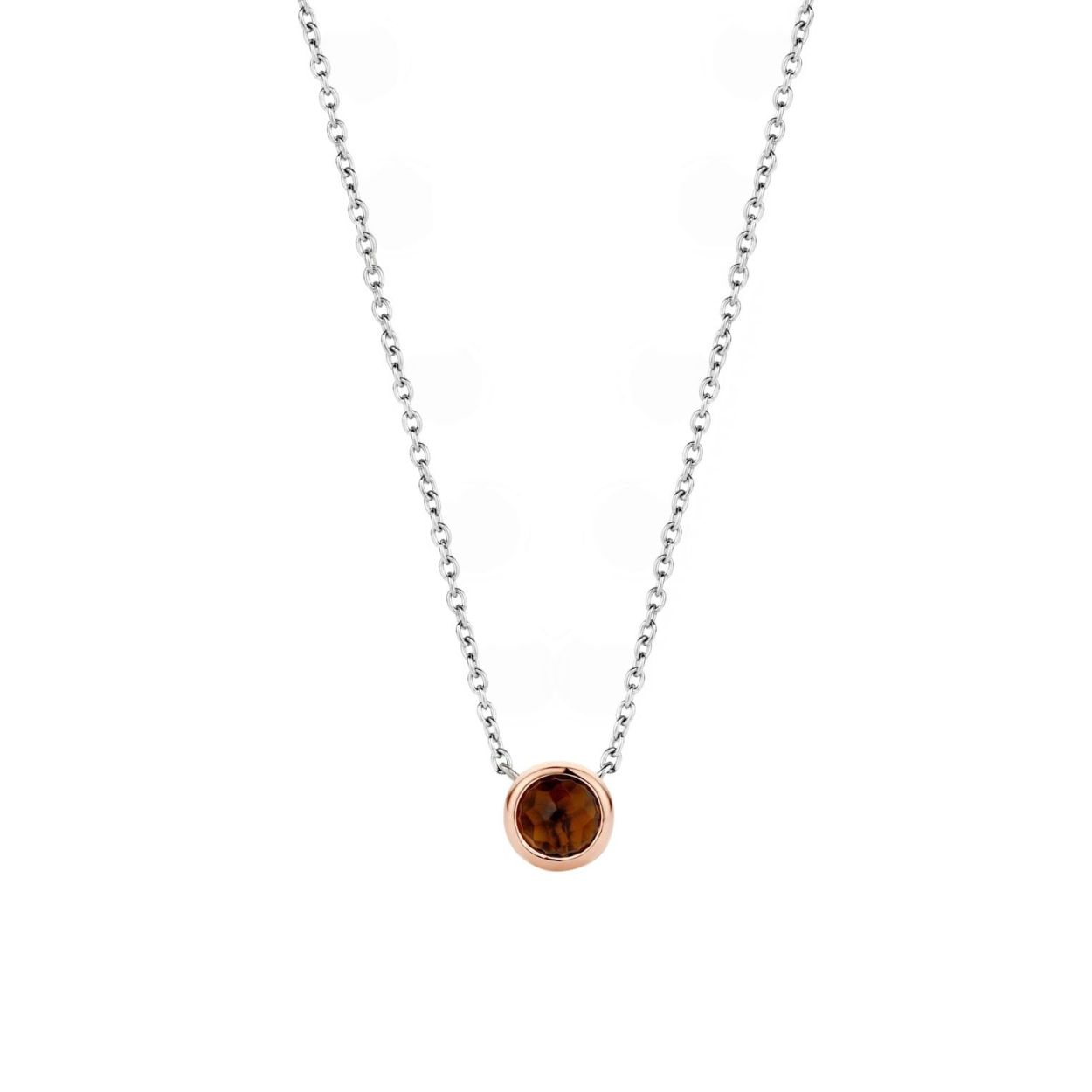 Deze rijkelijk bruin gekleurde steen wordt omarmd door een ros�gouden dichte zetting. Dit prachtstuk vangt het licht en glinstert bij elke beweging. Ze hangt zorgvuldig aan een dunne zilveren ketting.