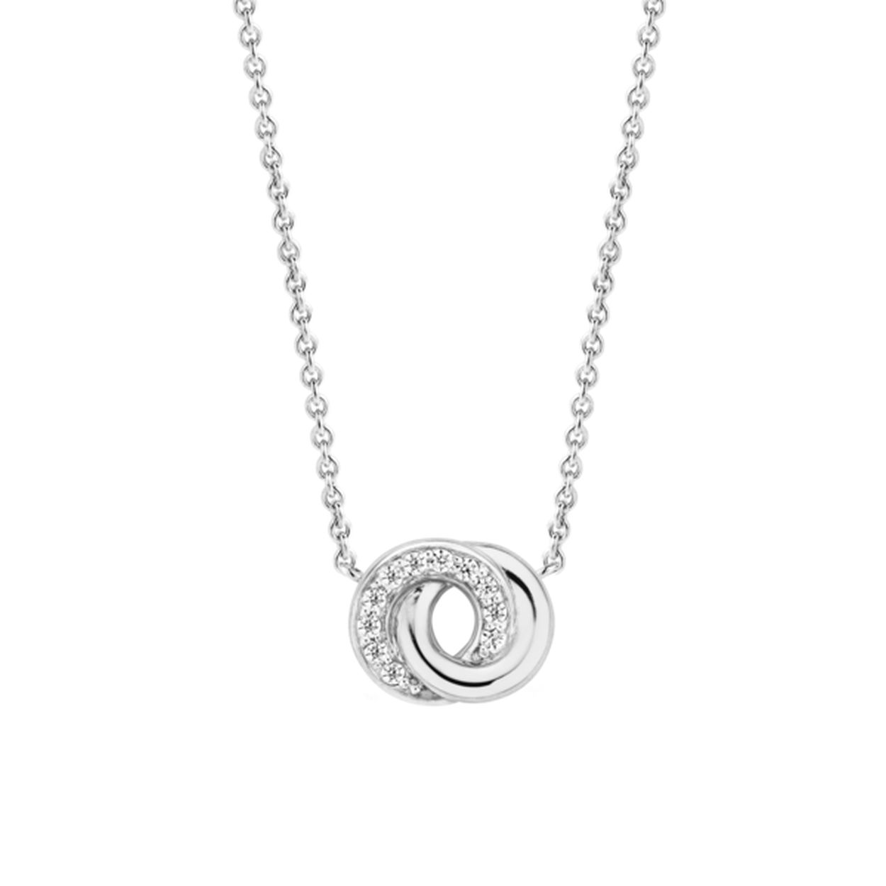 De egale zilveren band en witte zirkonia pavé zetting zijn oneindig met elkaar verbonden. Met een glinstering dansen ze op deze delicate zilveren ketting. Een zilveren schoonheid.
