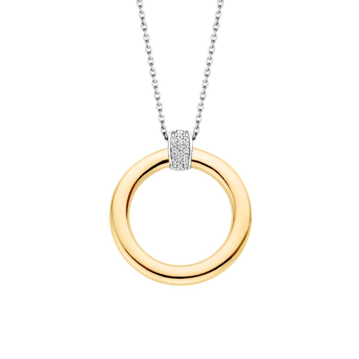 Deze ronde gold plated TI SENTO  hanger 3924ZY/48 is simpel en stijlvol. Haar pavé witte zirkonia geeft haar een vleugje magie. Mix en match haar met andere hangers of draag haar alleen.

Het collier heeft een standaardlengte van 38 cm en heeft een verlengstuk van 10 cm. Hierdoor kan je het collier op 5 verschillende lengtematen dragen, op 38 cm, 40 cm, 42 cm, 45 cm en 48 cm.