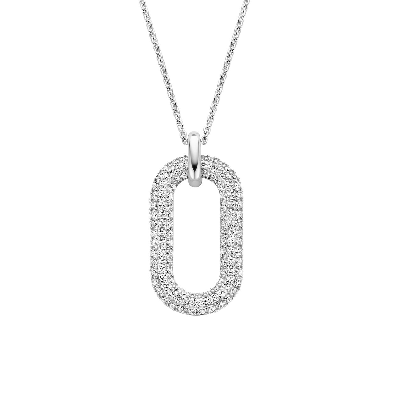 Deze TI SENTO zilveren ketting 3964ZI pronkt met een schakel dat gedecoreerd is met een handgezet pavé van witte  zirconia stenen. De ketting is gemaakt van zilver en is gerodineerd om het materiaal te beschermen en de glans te behouden. Draag dit luxueuze sieraad solo of mix en match het met andere kettingen; creëer je eigen, unieke look. De ketting is 42 cm en niet verstelbaar in lengte.

