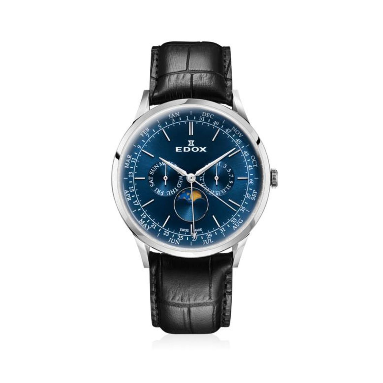 Dit Edox horloge heeft een roestvrijstalen kast met een diameter van 42mm en is voorzien van een leren band. In de kast bevindt zich een kwaliteitsuurwerk en is afgewerkt met saffierglas. 