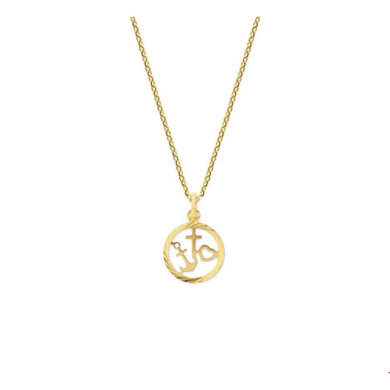 14k Geelgouden anker collier met een geloof, hoop en liefde hanger. De hanger heeft een diameter van 12.5mm. Het collier heeft een draaglengte van 41cm en een extensie van 4cm.