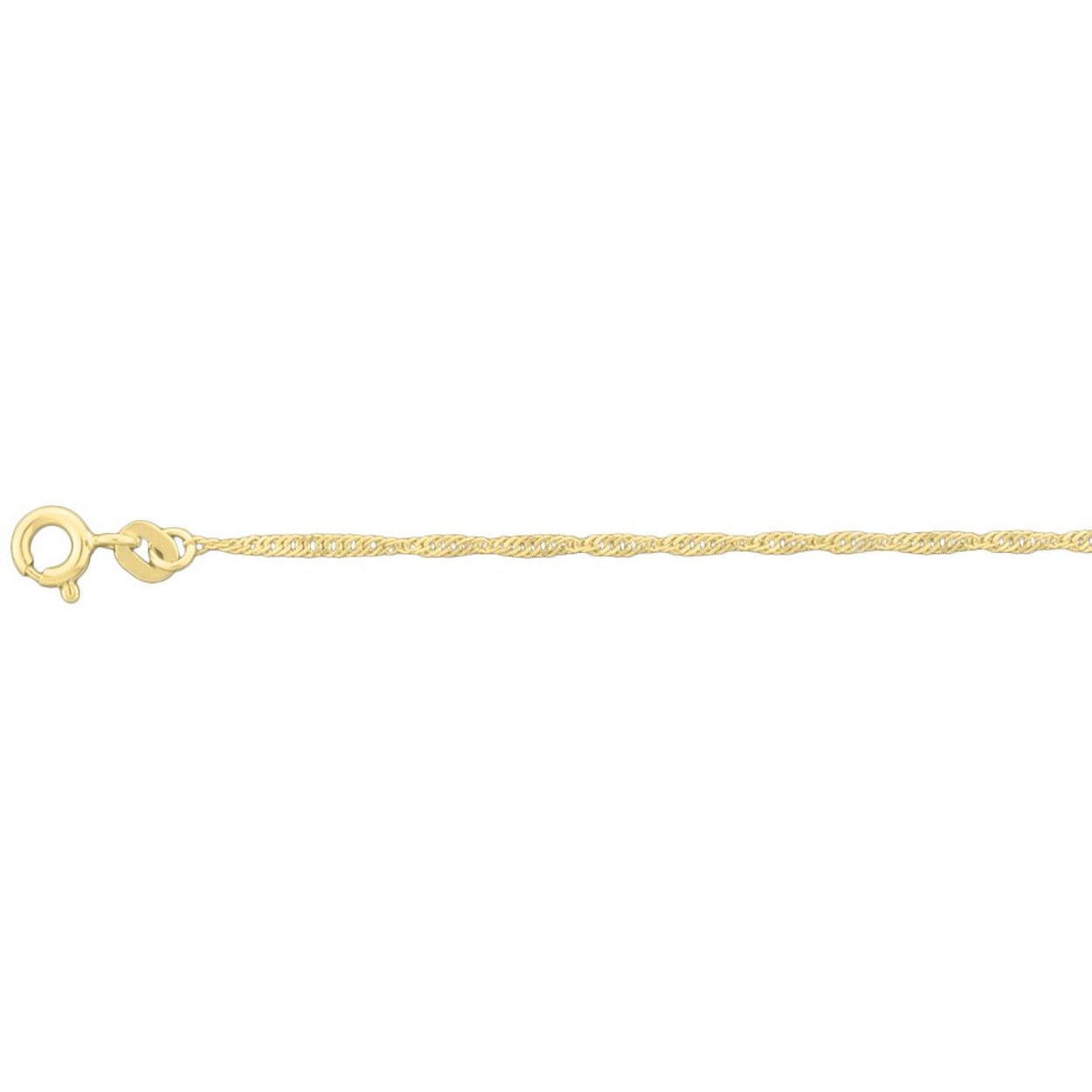 Trendy geelgouden 1.4mm singapore enkelbandje uitgevoerd met een poli afgewerkt bolletje van 5mm. Het enkelbandje heeft draaglengtes van 24 en 26cm en is goed te combineren met bijpassende sieraden uit onze collectie.