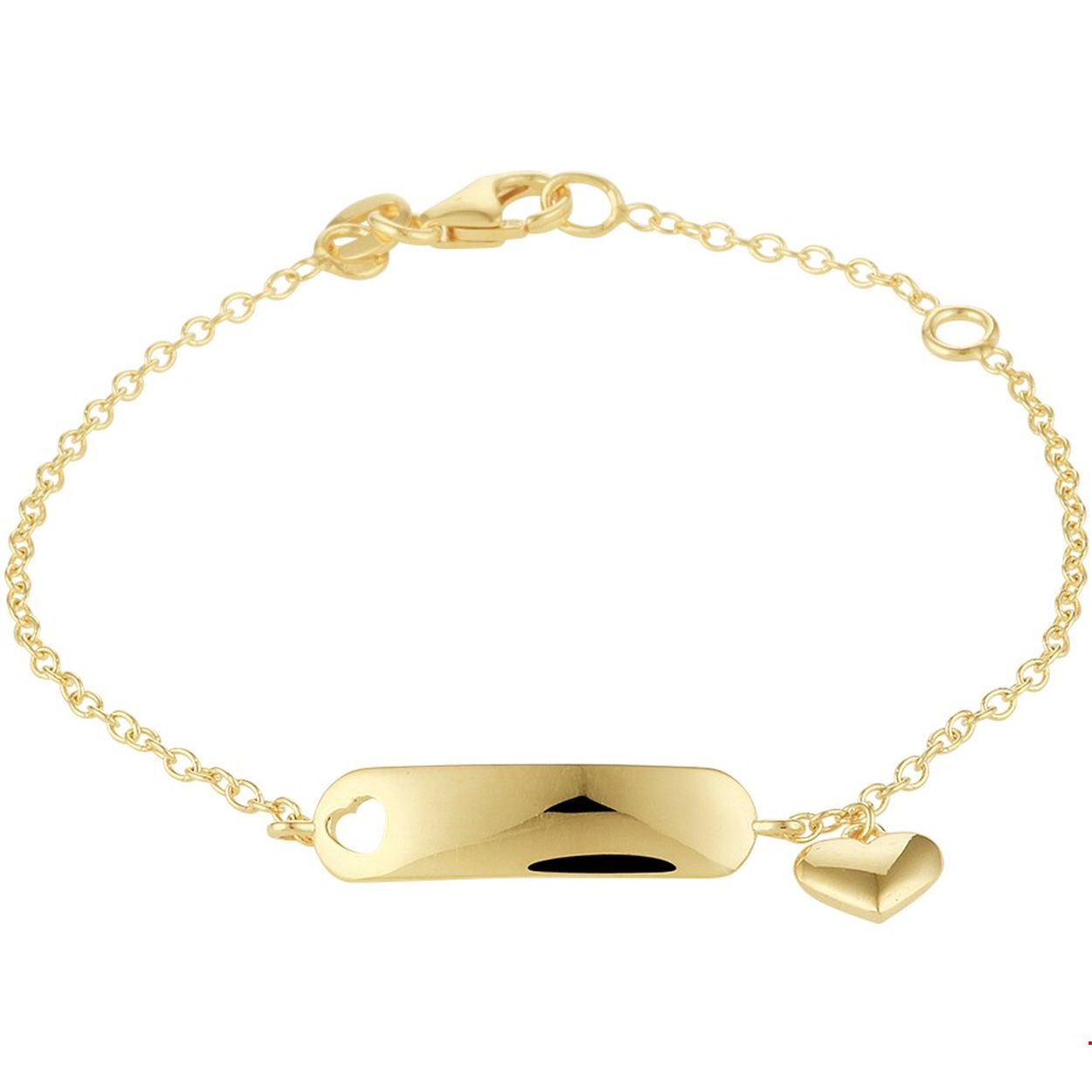 14k Geelgouden graveerarmband met een gestanst hartje in de graveerplaat en een los hangend hartje van 5.5x6mm naast de plaat. De armband heeft draaglengtes van 12 en 14cm. Uitgevoerd met een stevige karabijn sluiting.