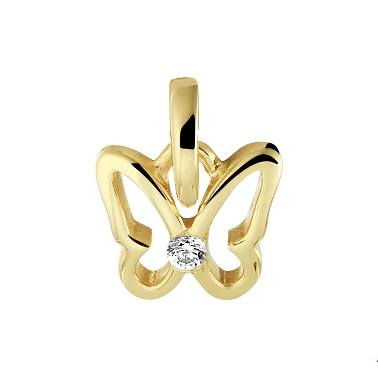 14k Geelgouden hanger in de vorm van een vlinder uitgevoerd met een schitterende zirkonia. De hanger is goed te combineren met een bijpassend collier uit onze collectie. De vlinder heeft een afmeting van 7.5x8.5mm.