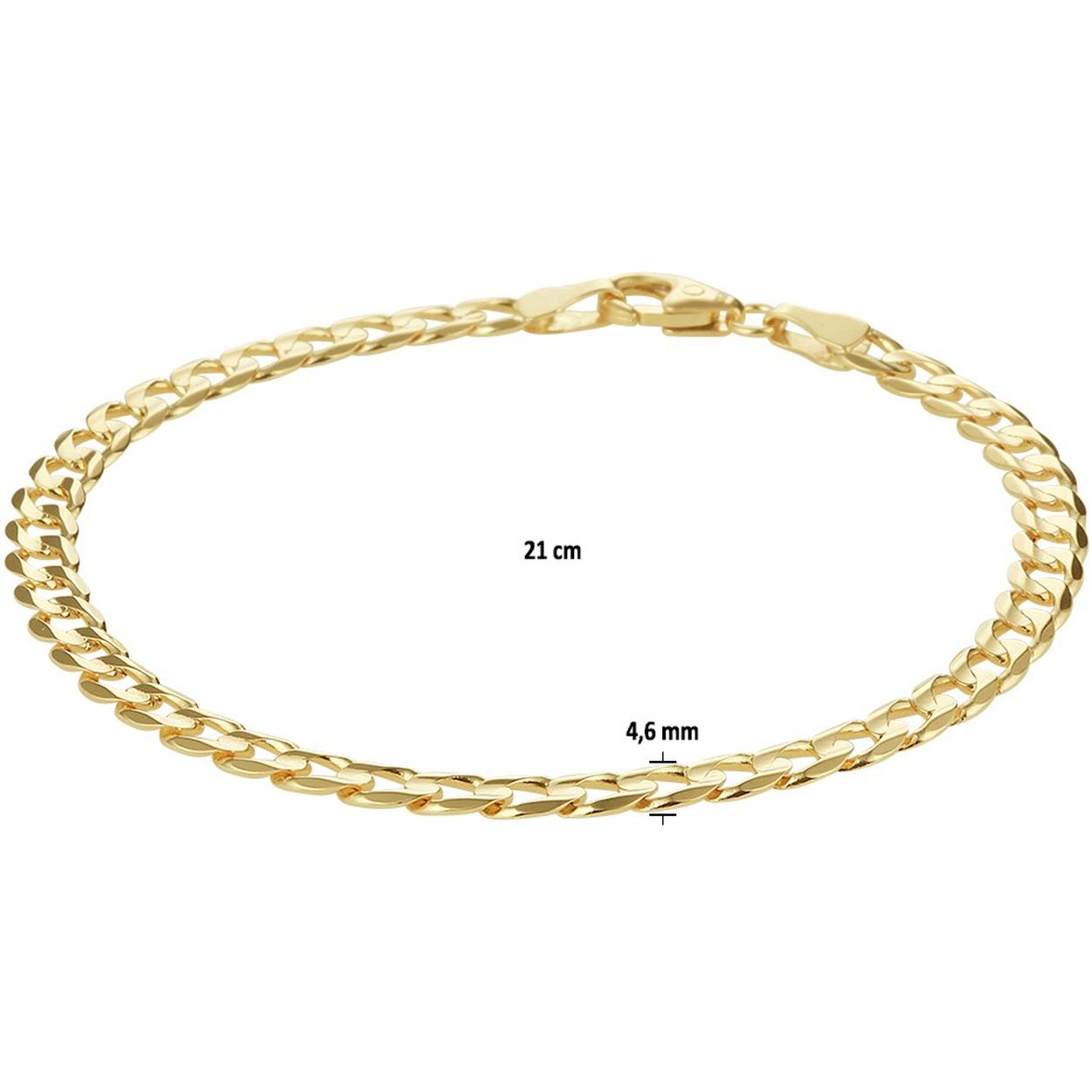Stijlvolle 14k geelgouden armband met een gourmet schakel. De armband heeft een schakelbreedte van 4.6mm en een draaglengte van 21cm. Uitgevoerd met een stevige karabijn sluiting.