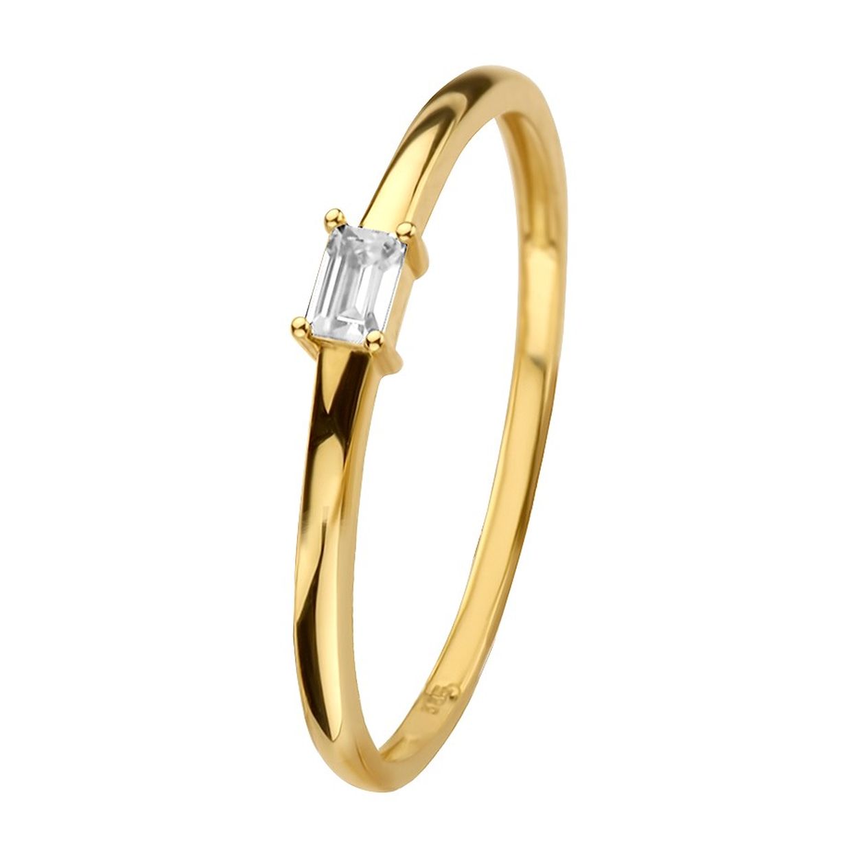 14k Geelgouden ring uitgevoerd met een schitterende zirkonia. De ring heeft een breedte van 2.5mm.