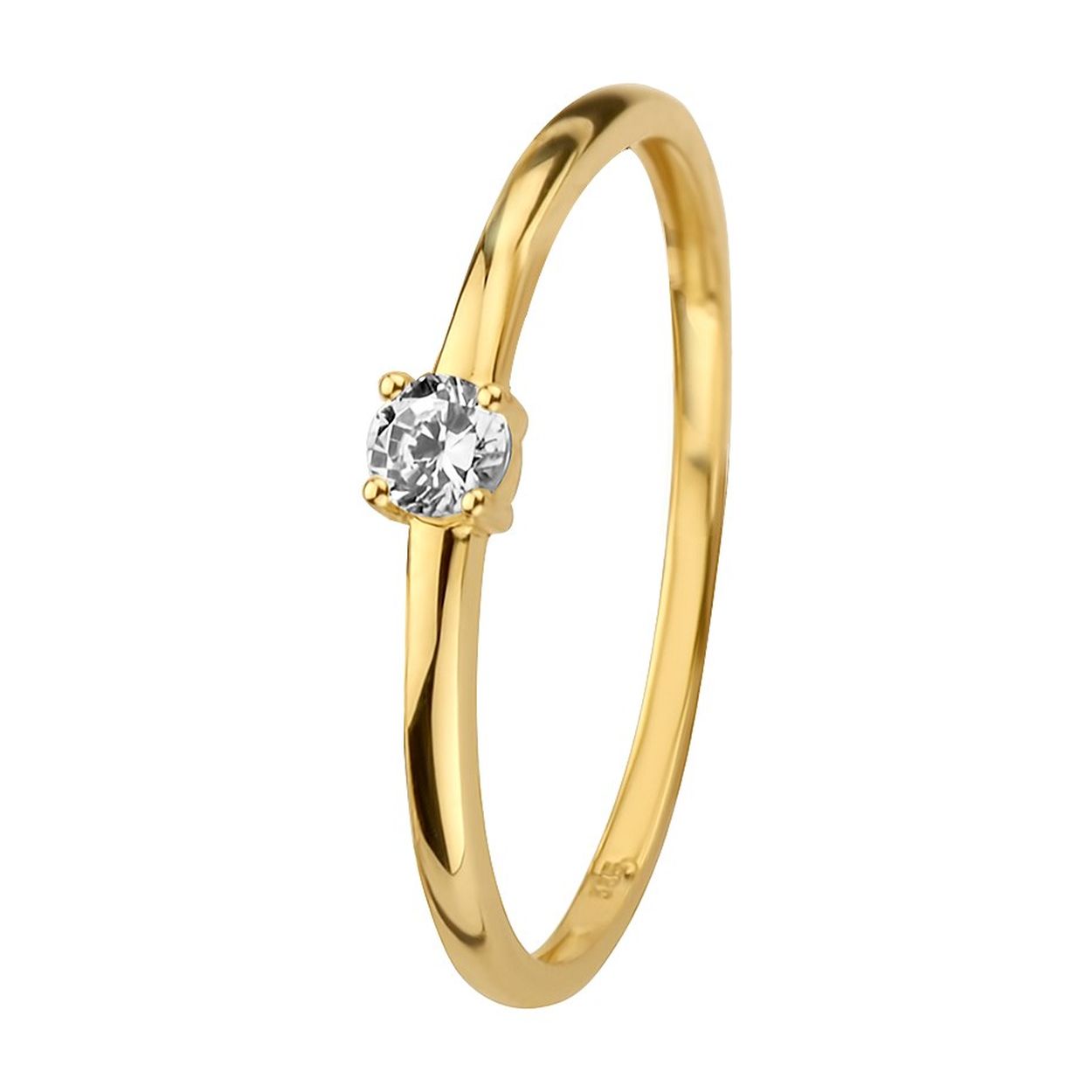 14k Geelgouden ring uitgevoerd met een schitterende zirkonia. De ring heeft een breedte van 3mm.