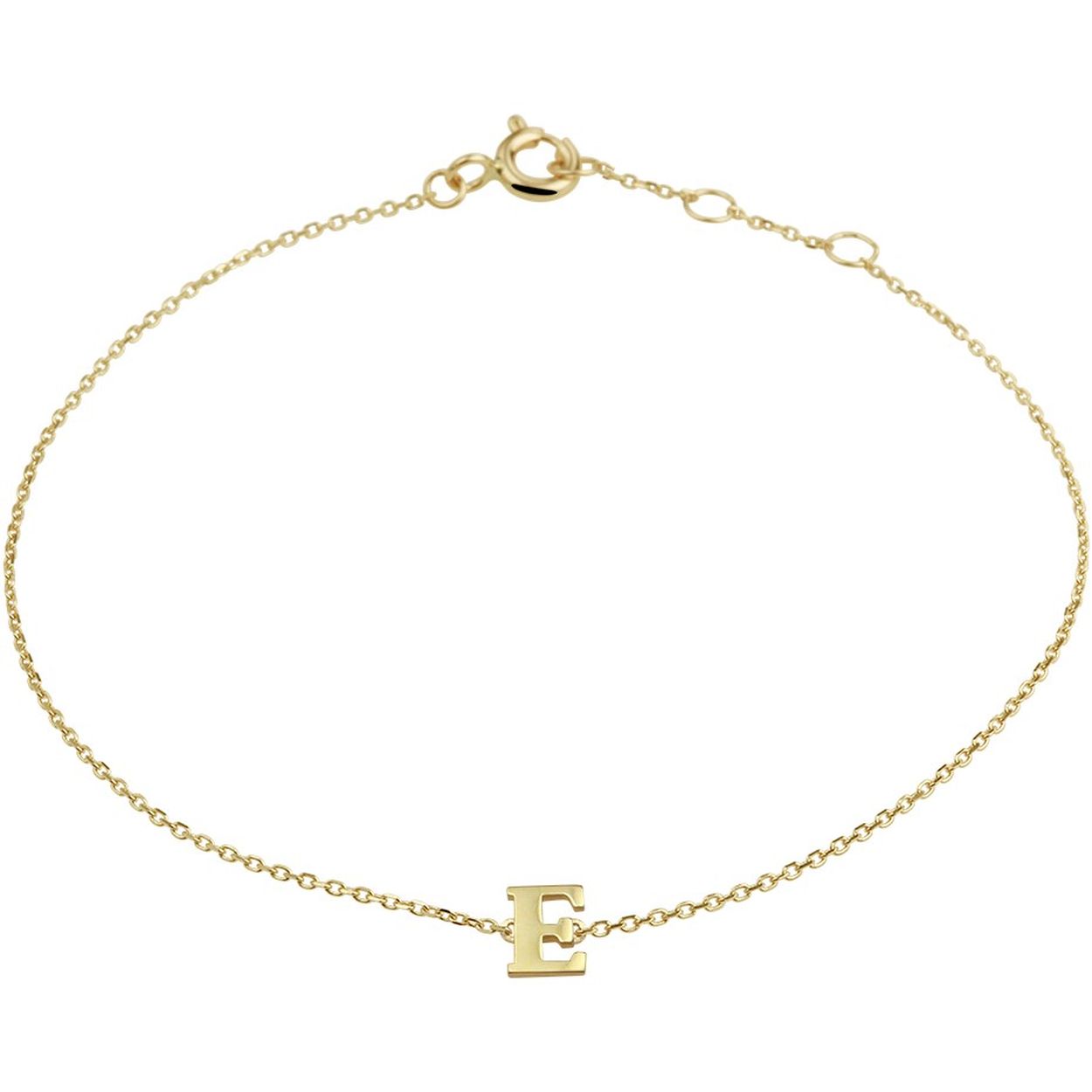 14k Geelgouden anker armband uitgevoerd met de letter E. De armband heeft draaglengtes van 16.5, 17.5 en 18.5cm. De letter heeft een afmeting van 6x4.5mm.