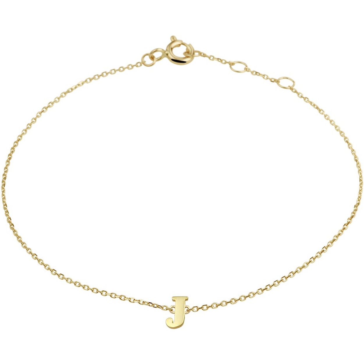 14k Geelgouden anker armband uitgevoerd met de letter J. De armband heeft draaglengtes van 16.5, 17.5 en 18.5cm. De letter heeft een afmeting van 6x3.5mm.