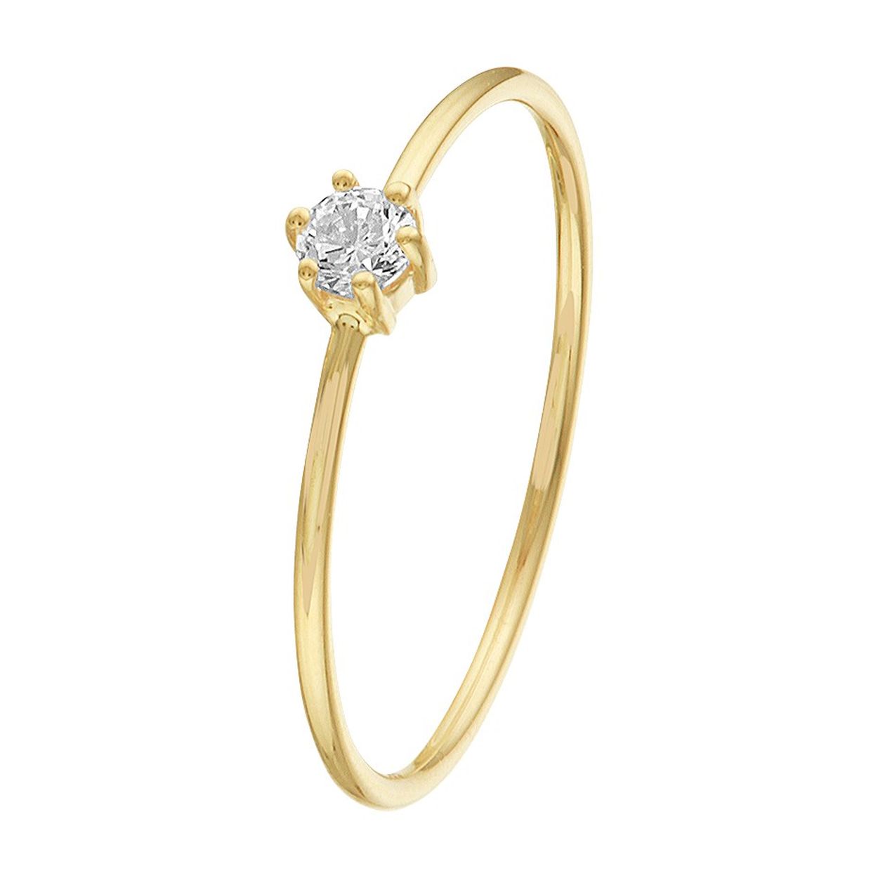 14k Geelgouden ring uitgevoerd met een heldere zirkonia. De ring heeft een breedte van 4mm en een sterke scheen door getrokken draad.