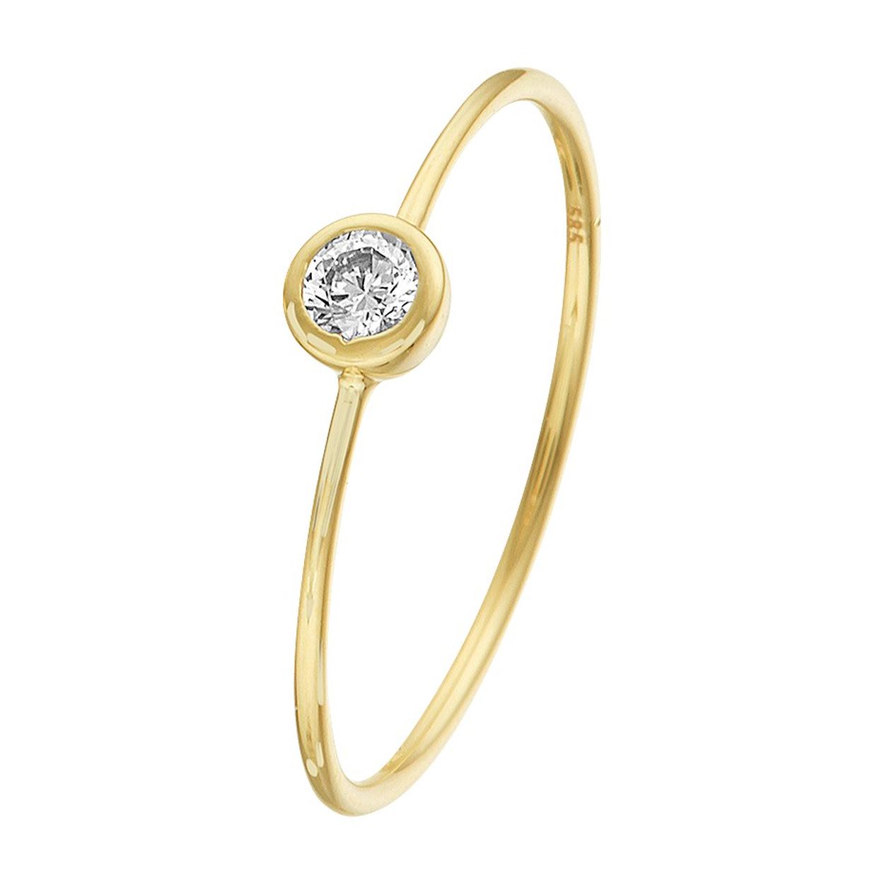 14k Geelgouden ring uitgevoerd met een schitterende zirkonia. De ring heeft een breedte van 4mm en een sterke scheen door getrokken draad.