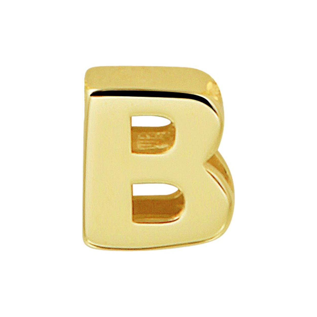 14k Geelgouden hanger uitgevoerd in de letter B. De hanger heeft een afmeting van 5.5x4.5mm.