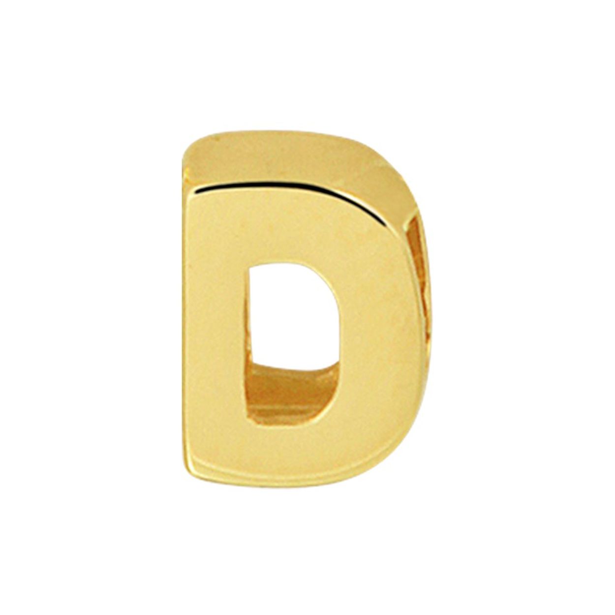 14k Geelgouden hanger uitgevoerd in de letter D. De hanger heeft een afmeting van 6.0x4.5mm.