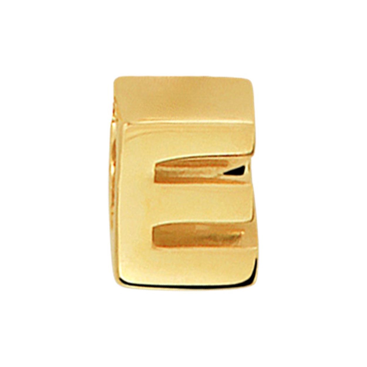 14k Geelgouden hanger uitgevoerd in de letter E. De hanger heeft een afmeting van 5.5x4.0mm.