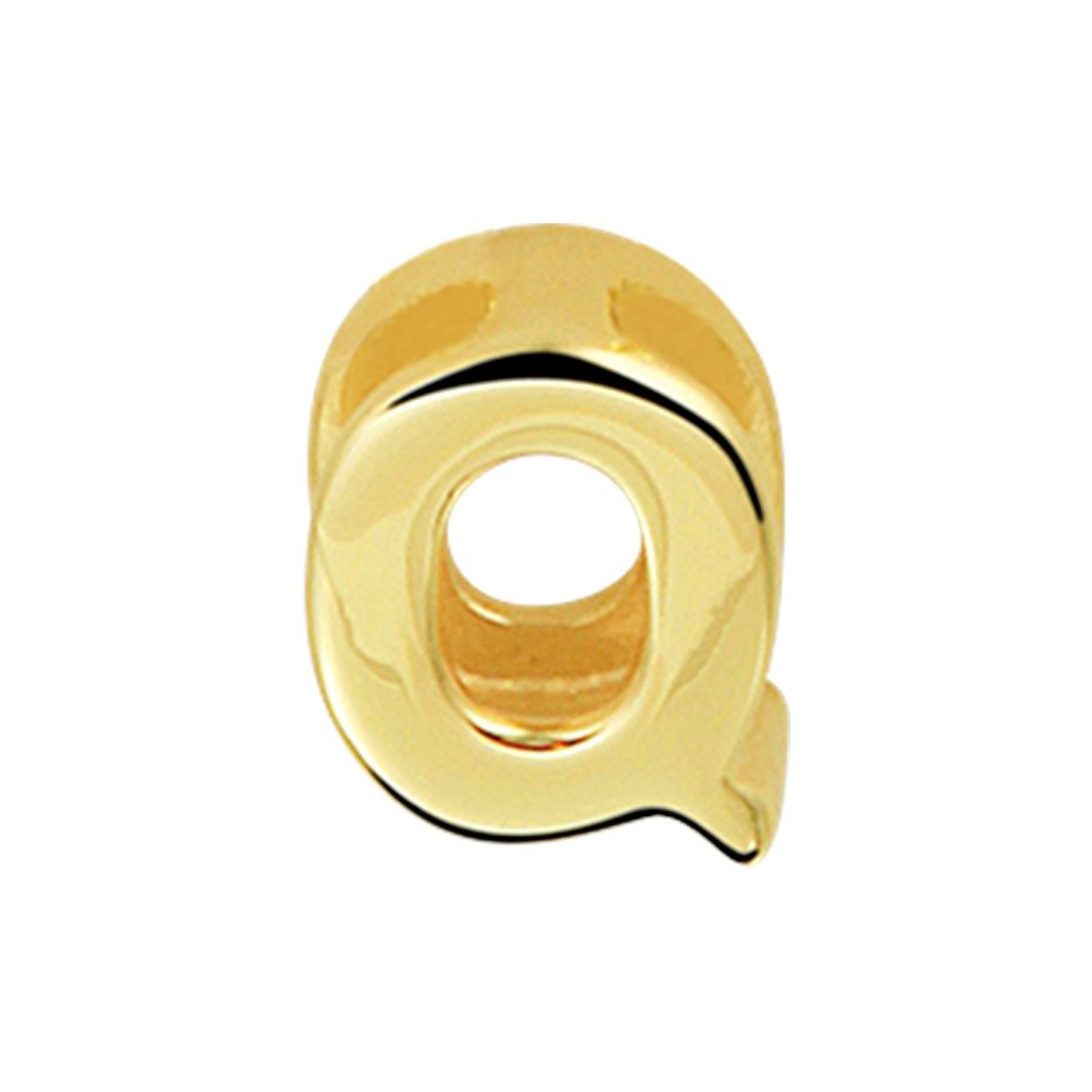 14k Geelgouden hanger uitgevoerd in de letter Q. De hanger heeft een afmeting van 6.0x4.5mm.