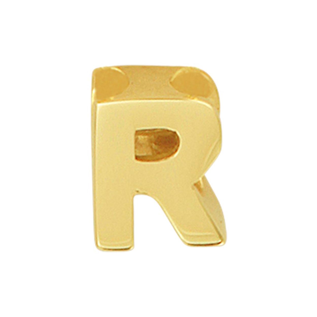 14k Geelgouden hanger uitgevoerd in de letter R. De hanger heeft een afmeting van 5.5x4.5mm.