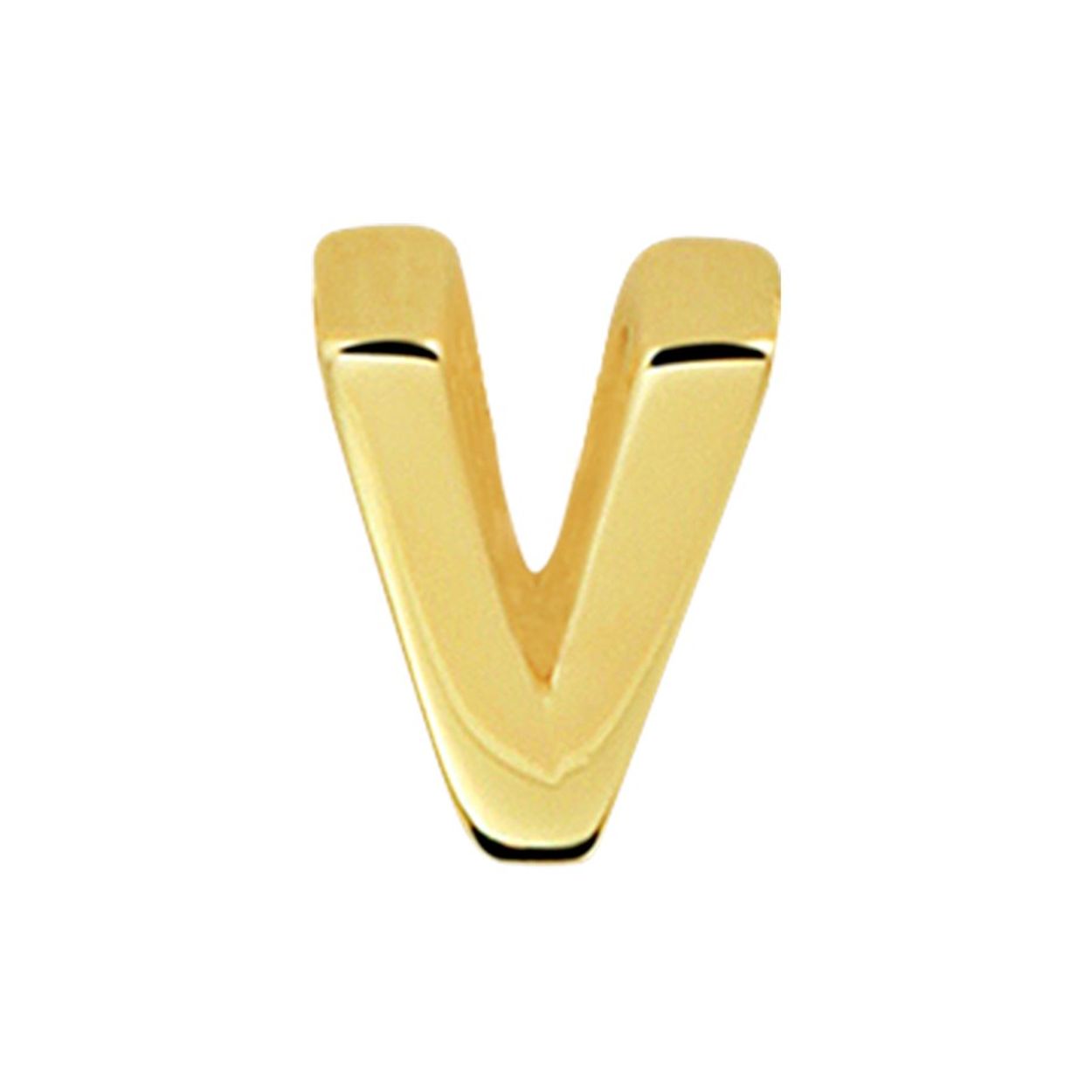 14k Geelgouden hanger uitgevoerd in de letter V. De hanger heeft een afmeting van 5.5x4.5mm.
