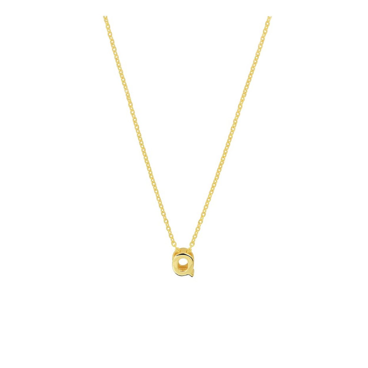 14k Geelgouden anker collier uitgevoerd met de letter Q. Het collier heeft draaglengtes van 41, 43 en 45cm. De letter heeft een afmeting van 6x4.5mm.